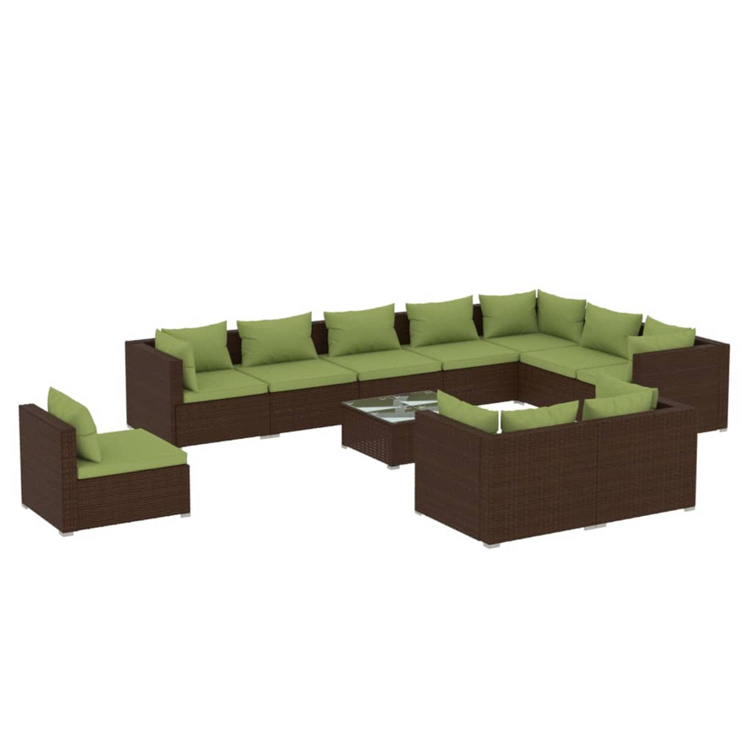 The Living Store Loungeset Poly Rattan - 5 hoekbanken - 5 middenbanken - Bruin - Groene kussens - Modulair design