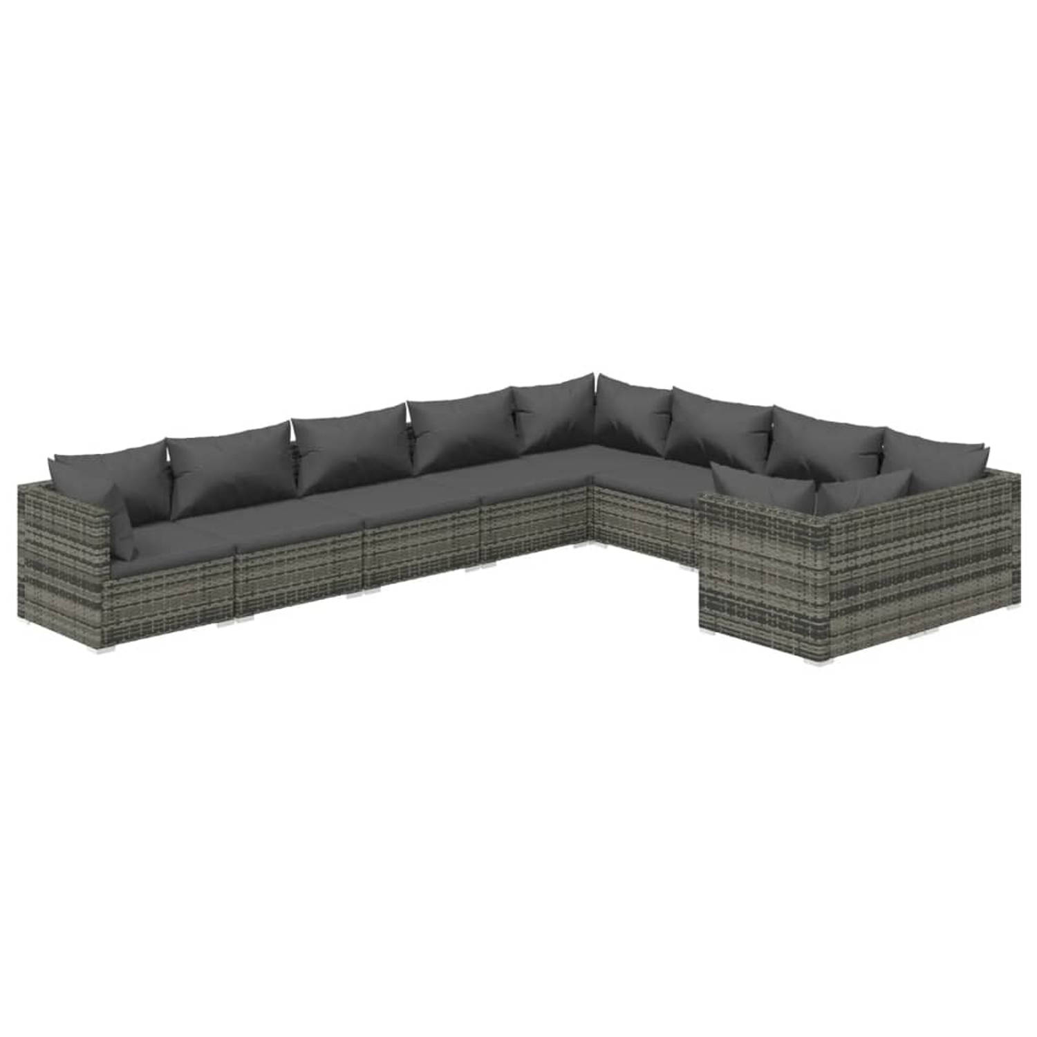 The Living Store 9-delige Loungeset met kussens poly rattan grijs - Tuinset