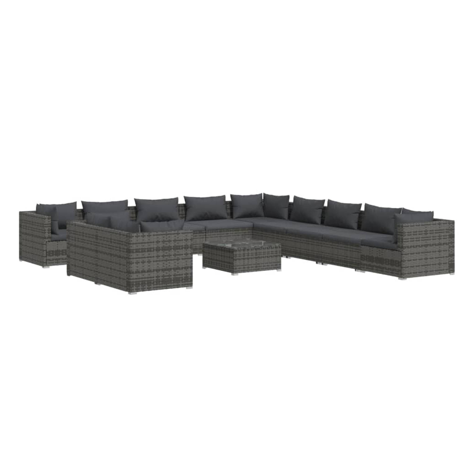 The Living Store Loungeset Poly Rattan - Grijs - Waterbestendig - Modulair Design - Optimaal Comfort