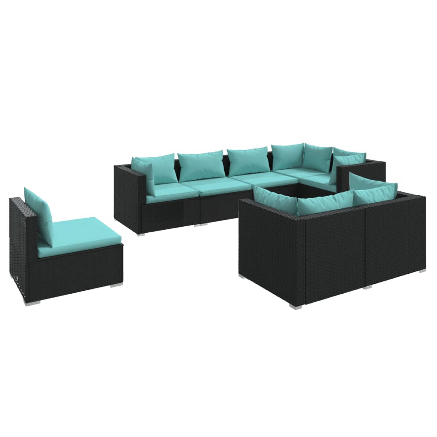 The Living Store Loungeset - poly rattan - zwart - waterblauwe kussens - modulair design