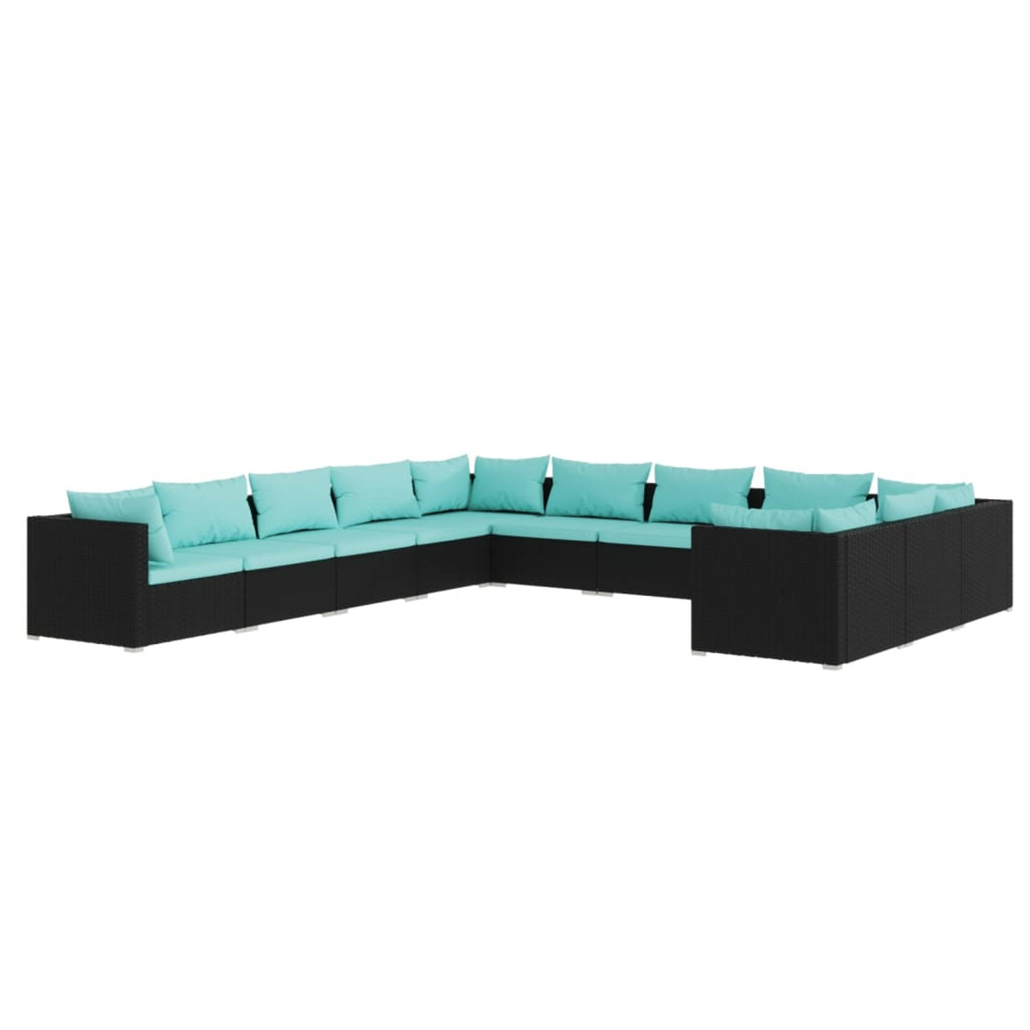 The Living Store Loungeset - Poly rattan - Hoogwaardig materiaal - Stevig frame - Comfortabele kussens - Modulair design - Kleur zwart - Kussenkleur waterblauw - Afmetingen 70x70x6