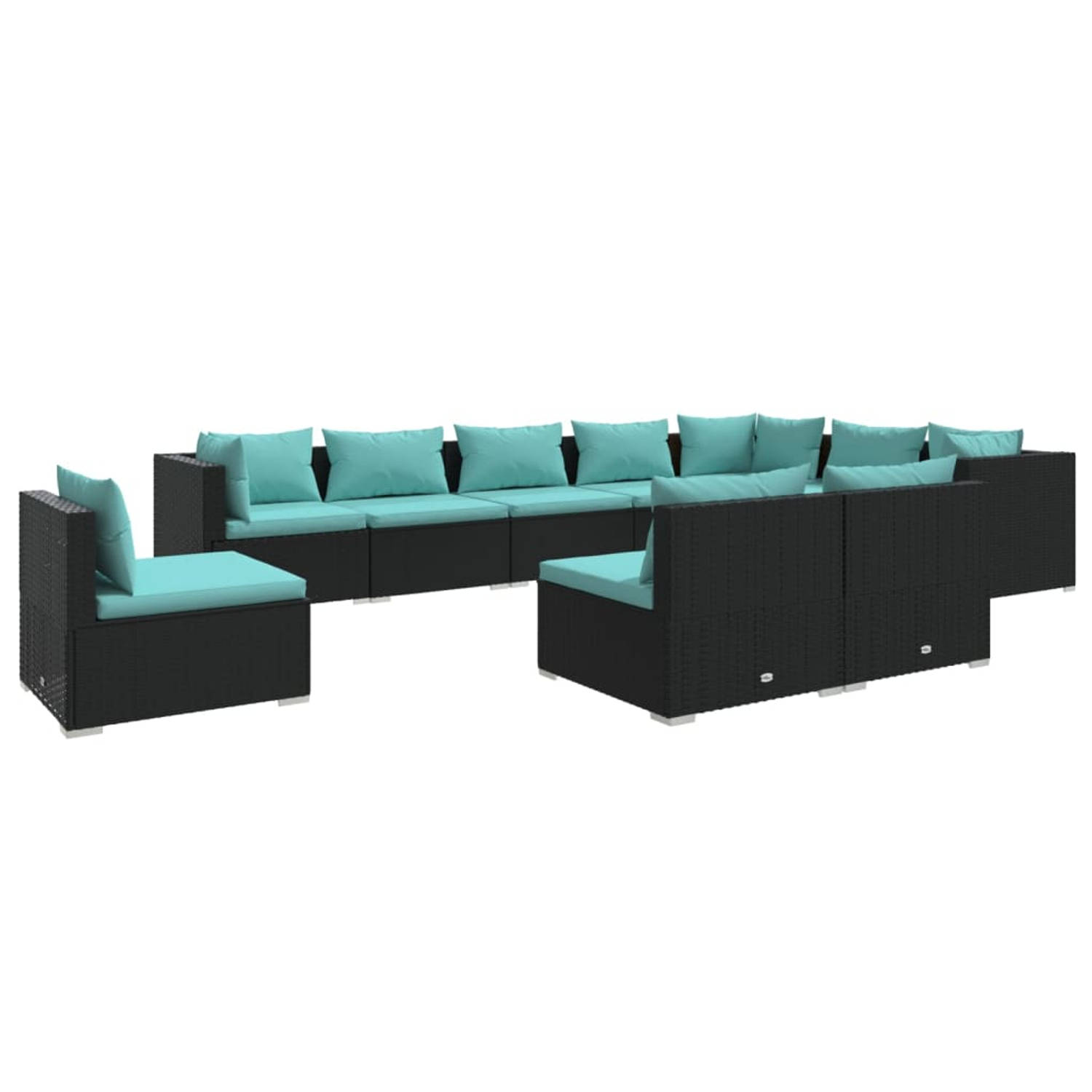 The Living Store Lounge Set - Poly Rattan - Zwart - 70x70x60.5 cm - Waterblauwe kussens