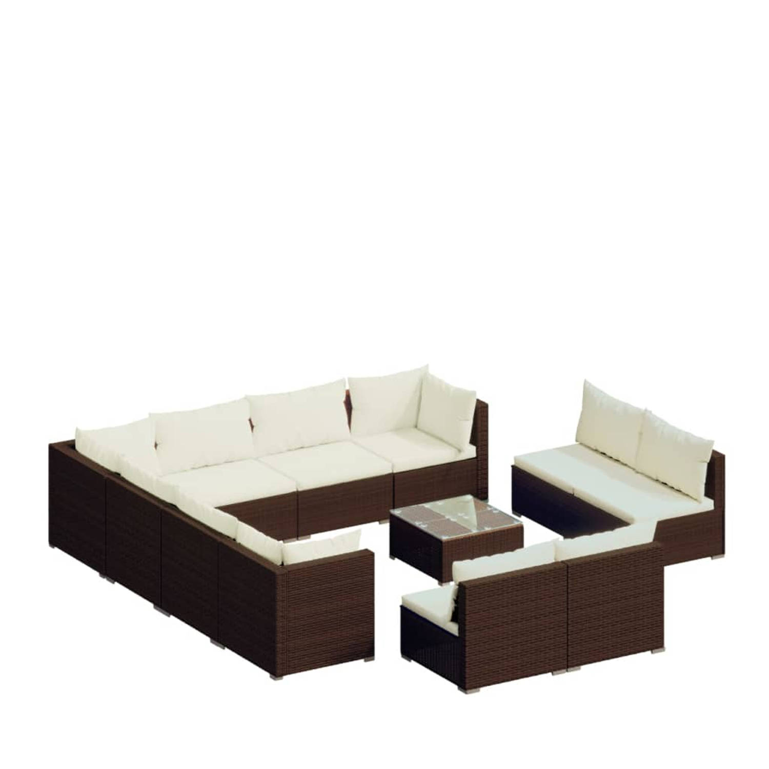 The Living Store Loungeset - Poly Rattan - 12-delig - Bruin - Wit kussen