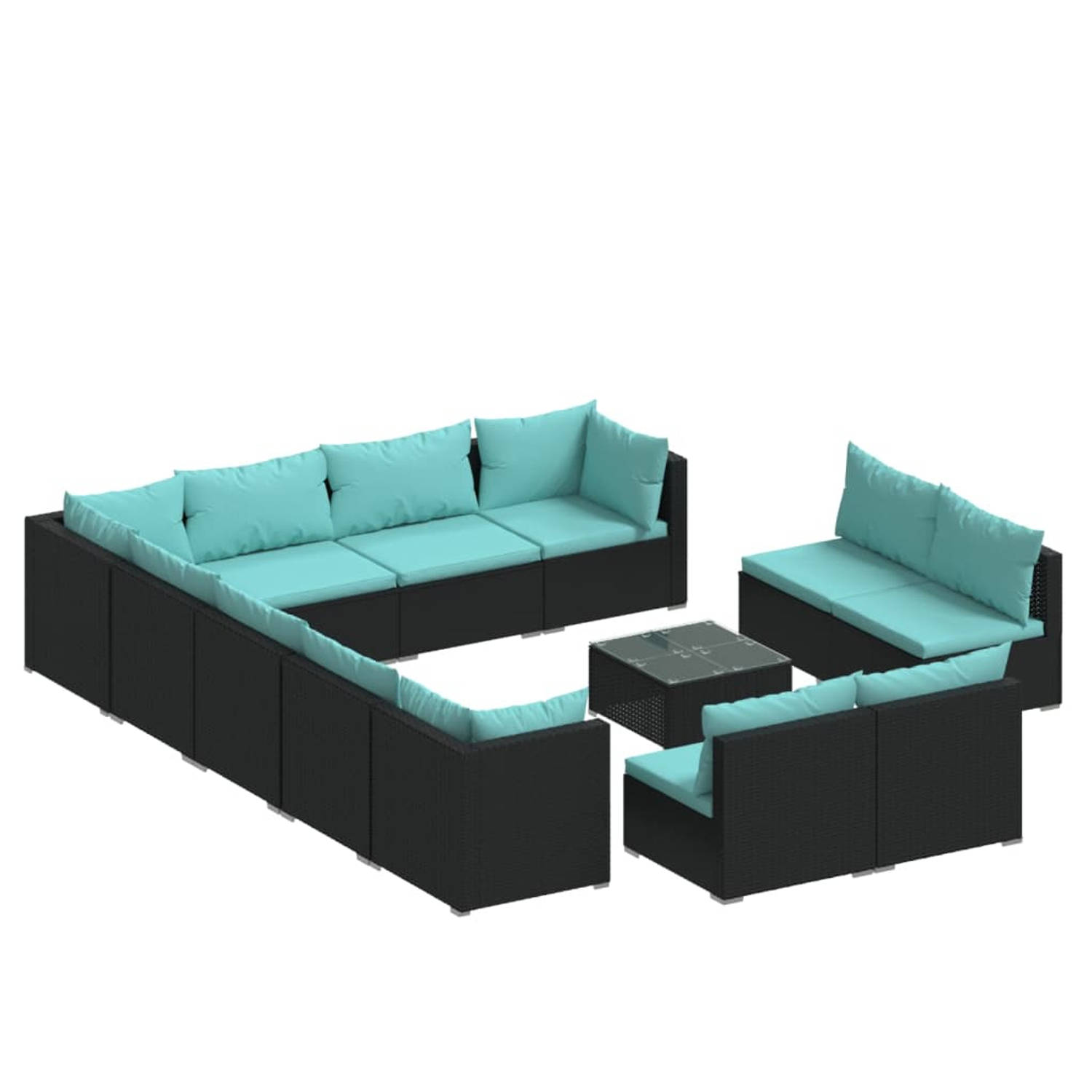 The Living Store Loungeset Poly Rattan - Zwart - 13-delig - Waterblauwe Kussens