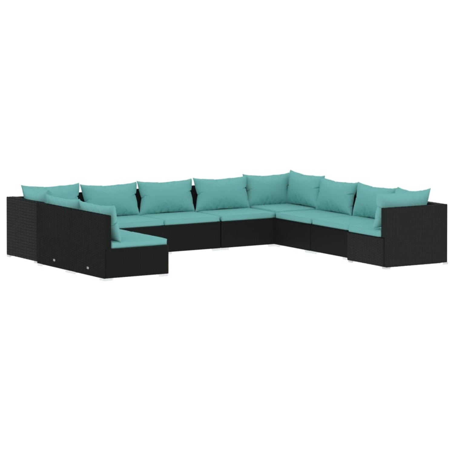 The Living Store Lounge Set - Poly Rattan - Zwart - 70x70x60.5 cm - Waterblauwe kussens