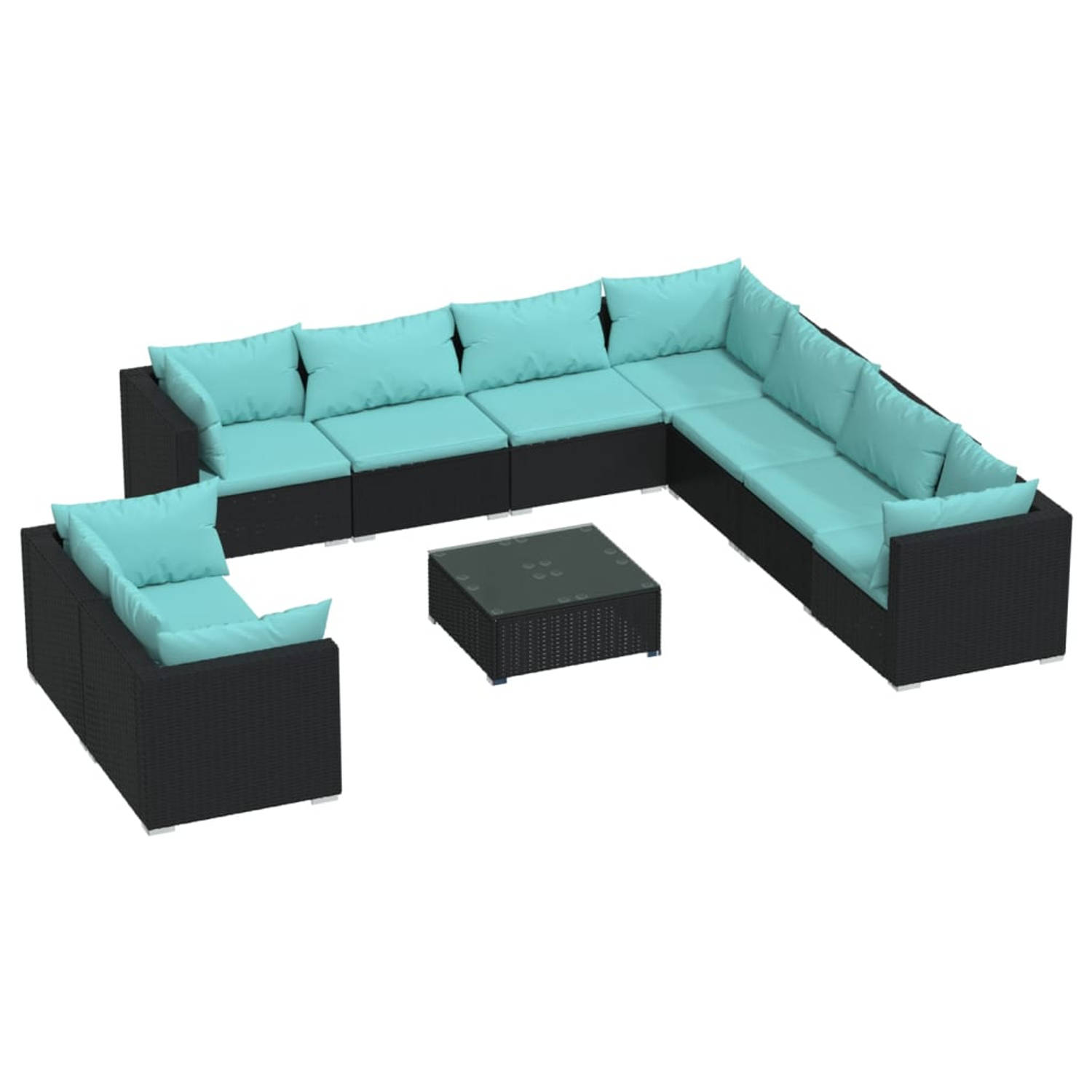 The Living Store Loungeset Poly Rattan - 5 hoekbank + 4 middenbank - zwart - waterblauwe kussens