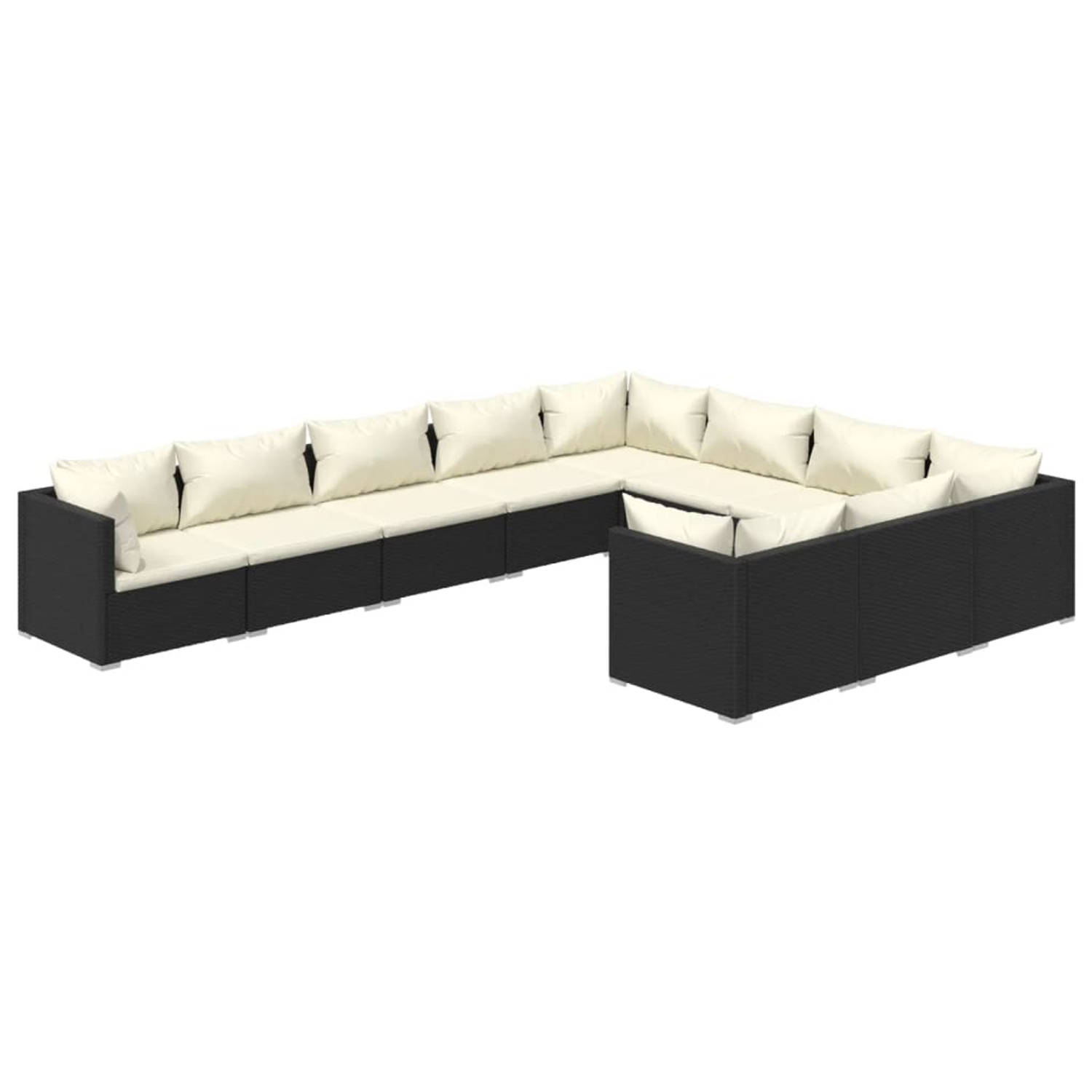 The Living Store 10-delige Loungeset met kussens poly rattan zwart - Tuinset