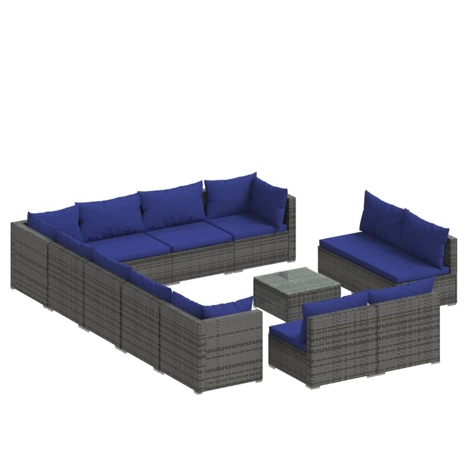 The Living Store Loungeset - Poly Rattan - Grijs - 13-delig