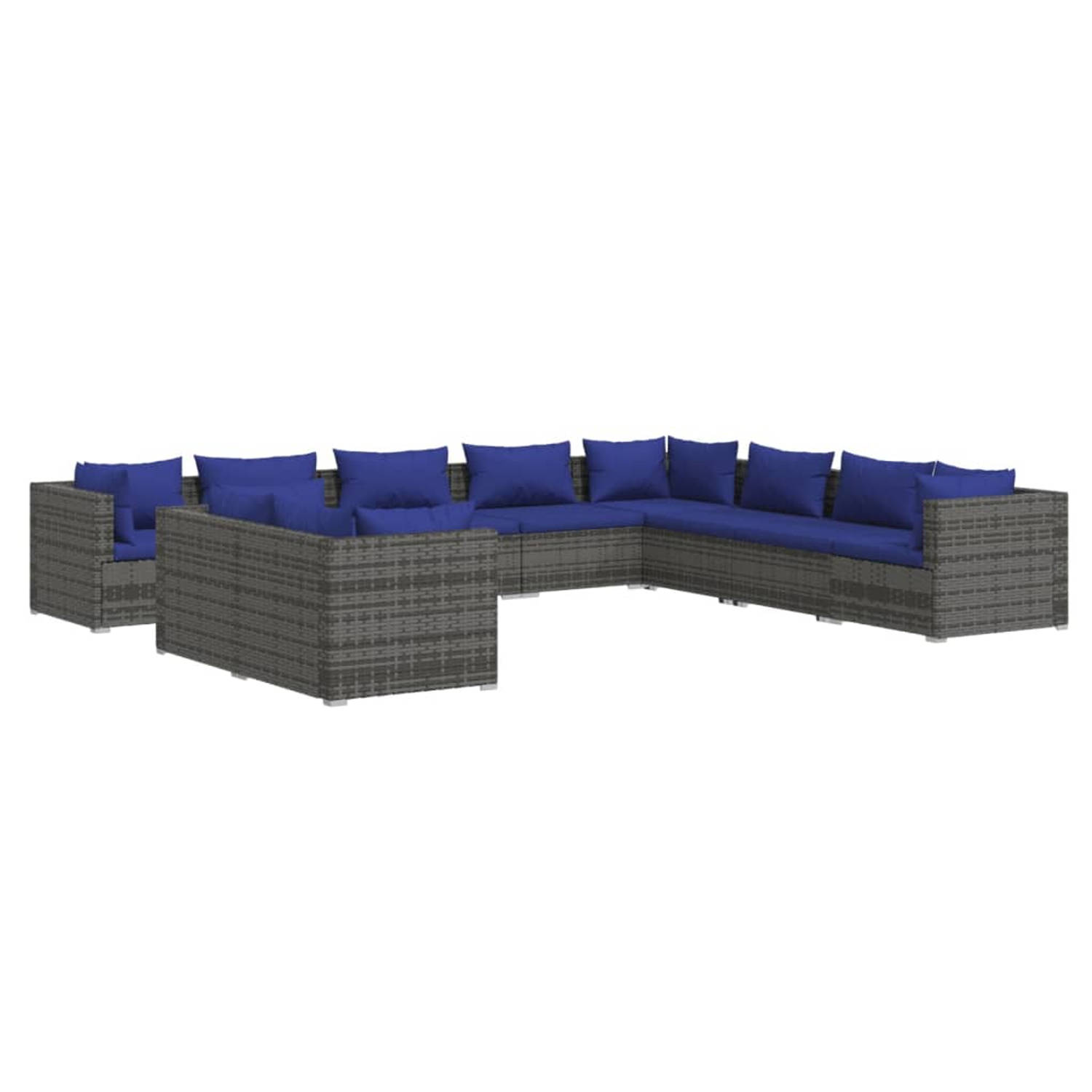 The Living Store Loungeset - Poly Rattan - Grijs - 70x70x60.5 cm - Inclusief 5 hoekbanken - 5 middenbanken - 10 zitkussens en 15 rugkussens