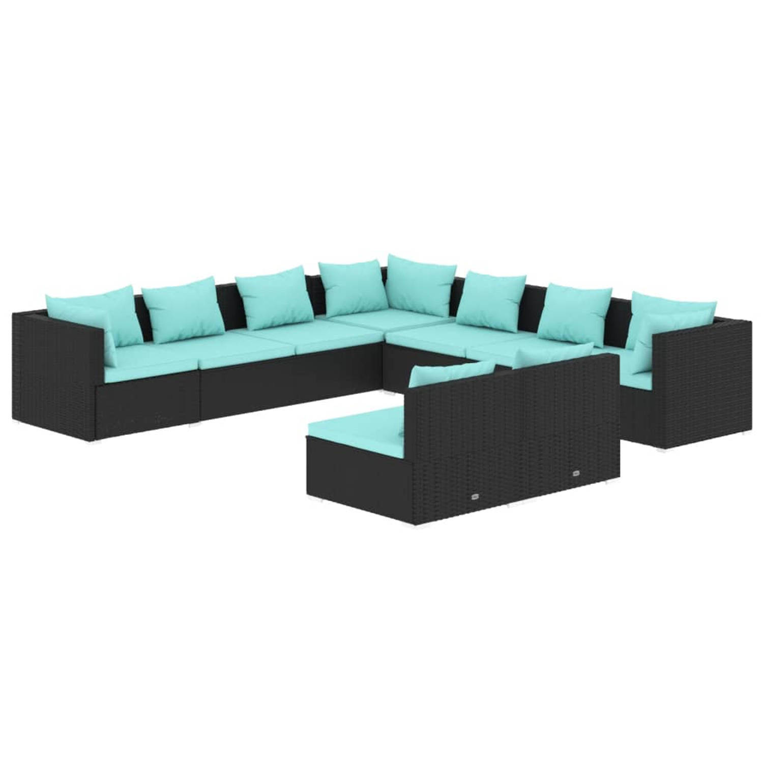 The Living Store Loungeset Poly Rattan - Zwart - 3 Hoekbank - 6 Middenbank - 70 x 70 x 60.5 cm (L x B x H) - Waterblauwe Kussens - Montage Vereist - The Living Store