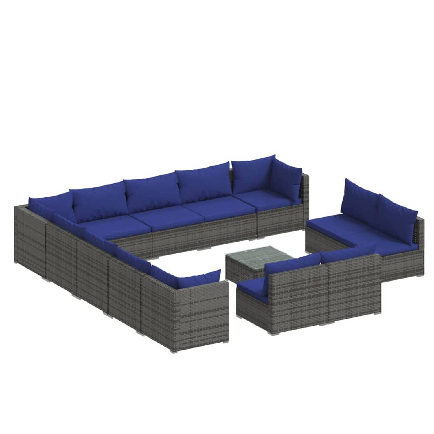 The Living Store Loungeset Poly Rattan - Grijs - 14-delig