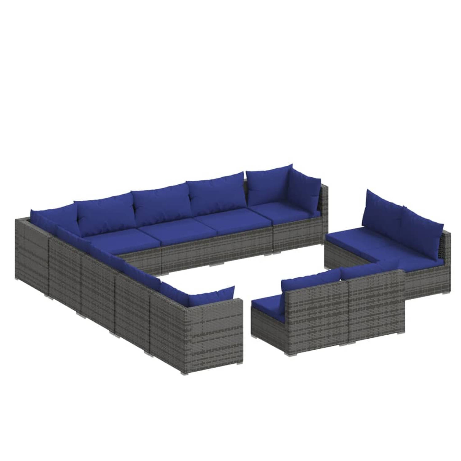 The Living Store Loungeset Grey - 13-delig - PE-rattan - 70x70x60.5cm - inclusief kussens