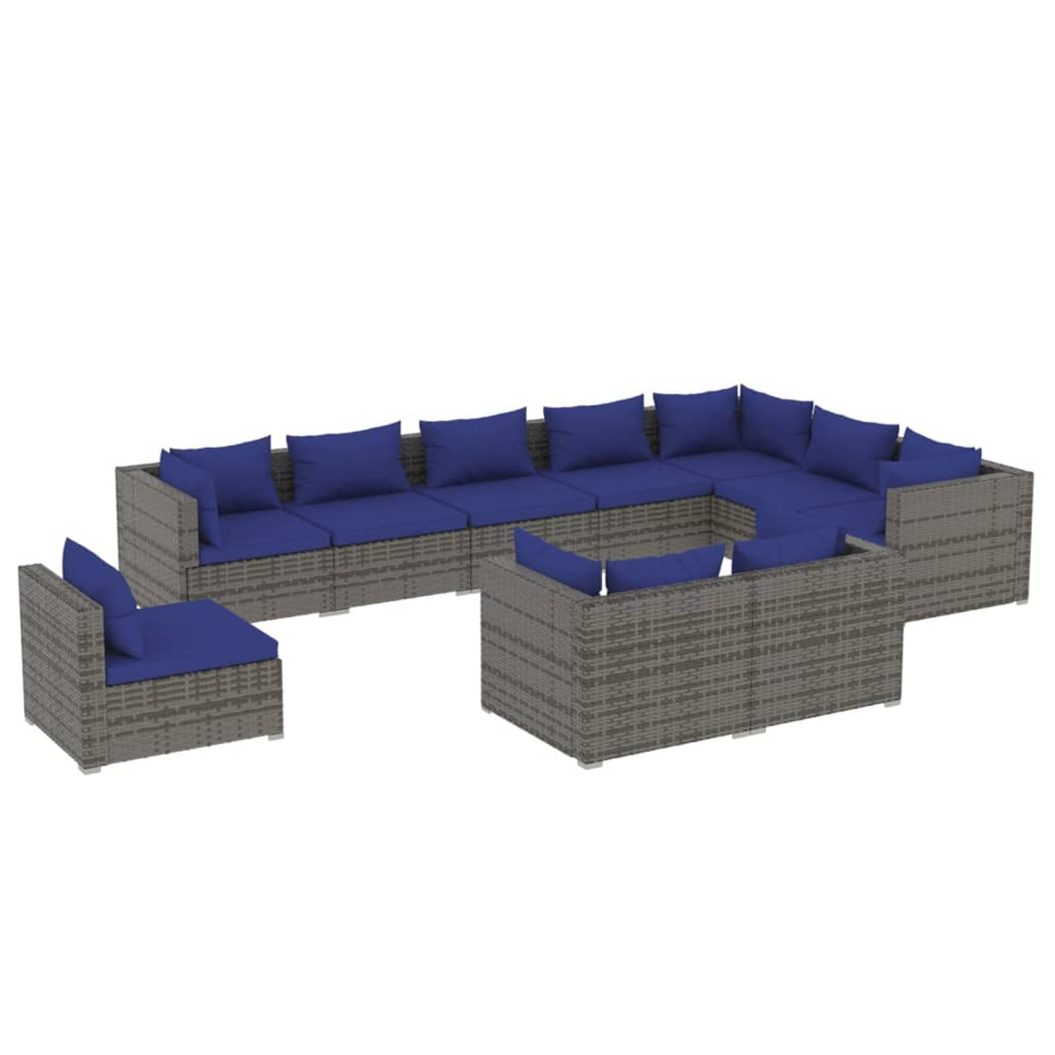The Living Store Loungeset Grijs Poly Rattan - Hoekbank 70x70x60.5cm - Donkerblauwe kussens