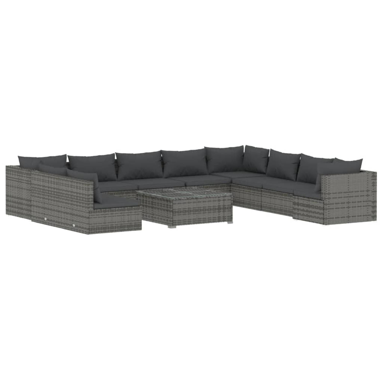 The Living Store Loungeset Grijs Poly Rattan - Modulair Design - Waterbestendig - Comfortabele Kussens