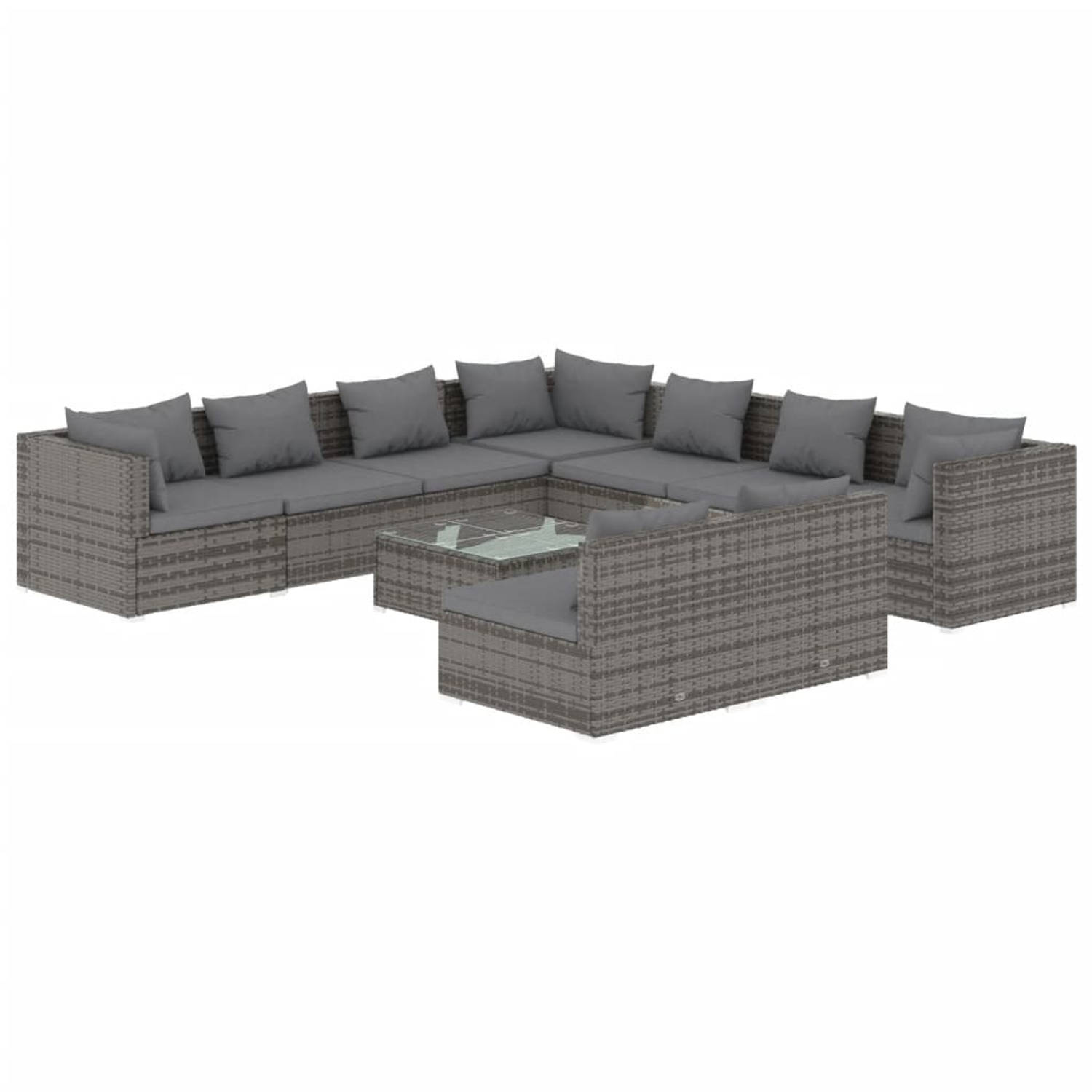 The Living Store Loungeset Poly Rattan - Grijs - 3 hoekbank - 6 middenbank - waterbestendig