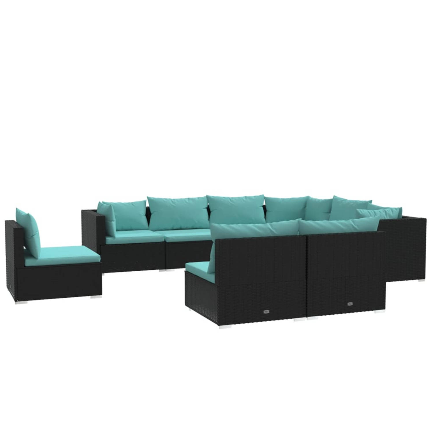 The Living Store Loungeset - Poly Rattan - Zwart - Waterblauwe kussens