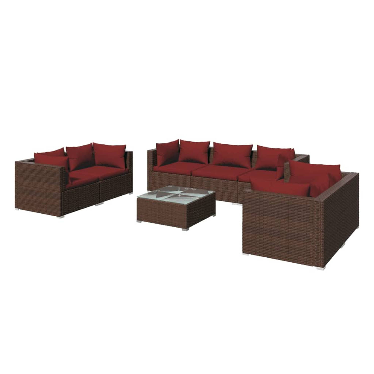 The Living Store Loungeset Bruin PE-rattan - 6x Hoekbank - 1x Middenbank - 1x Tafel - 7x Zitkussen - 13x Rugkussen