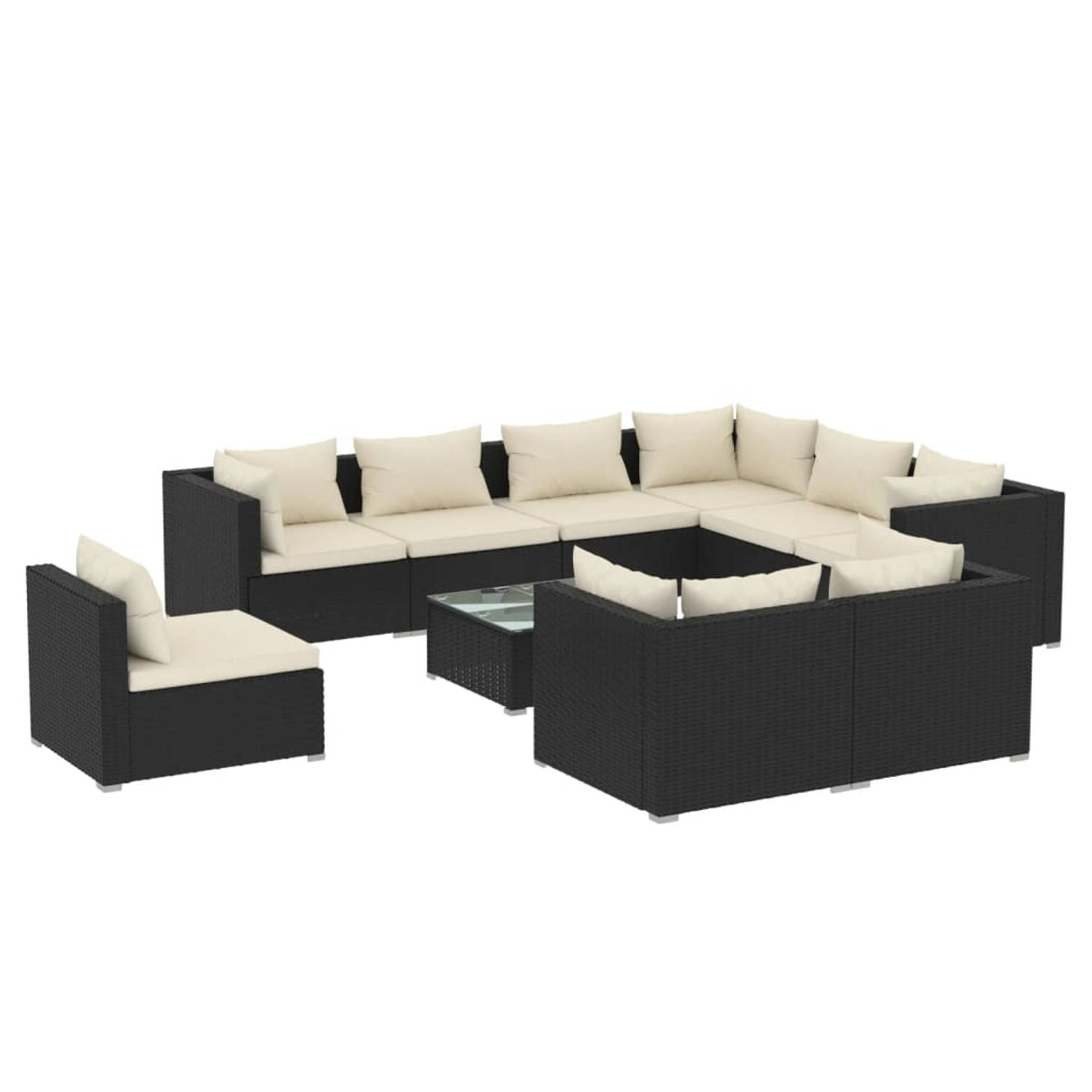 The Living Store Loungeset - Hoekbank - Zwart PE-rattan - Waterbestendig - Comfortabele kussens