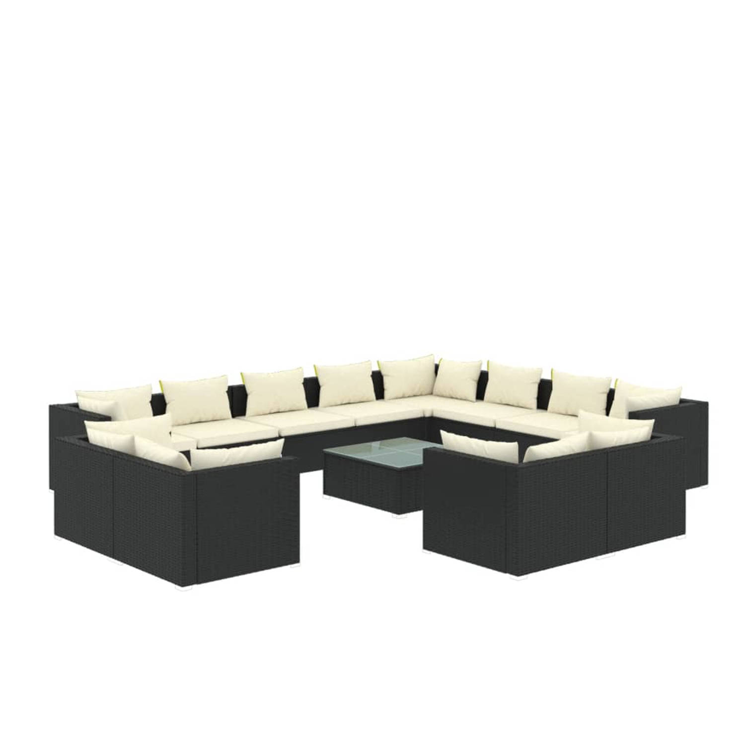 The Living Store 12-delige Loungeset met kussens poly rattan zwart - Tuinset