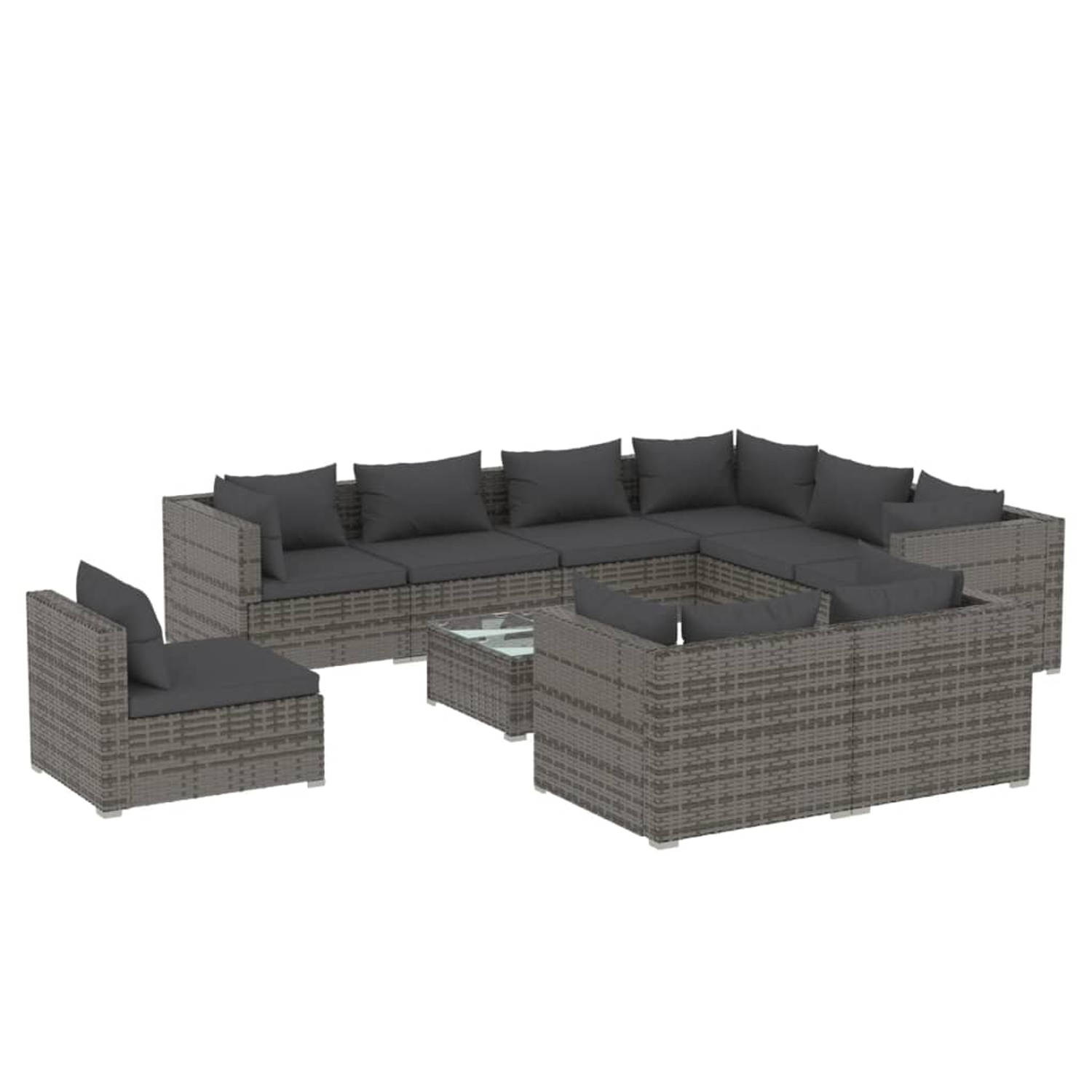 The Living Store Loungeset - Poly rattan - Grijs - Modulair design - Waterbestendig - Comfortabele kussens