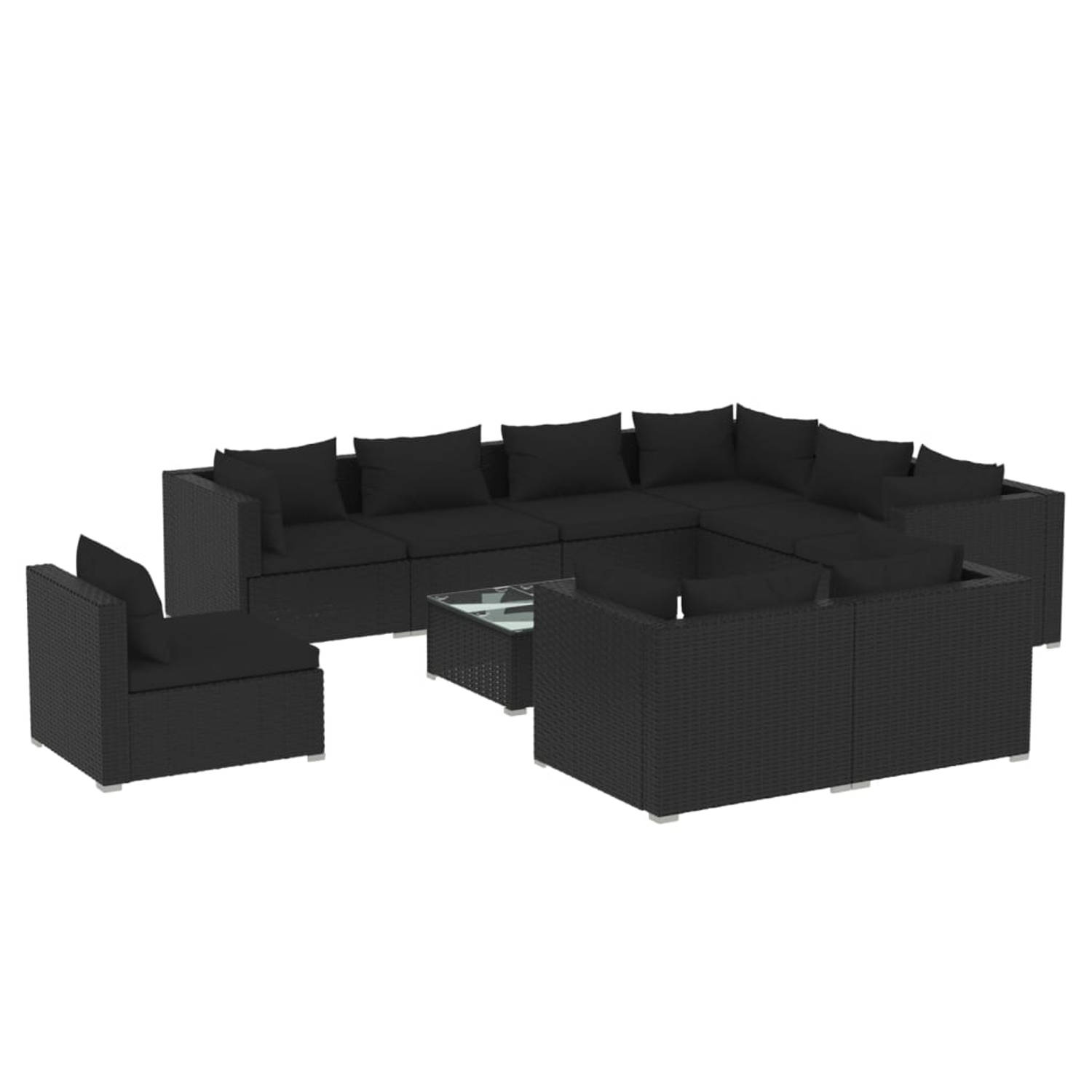 The Living Store Loungeset Zwart - Poly Rattan - Modulair - Waterbestendig - Comfortabele Kussens - Afm - 60x60x30 cm