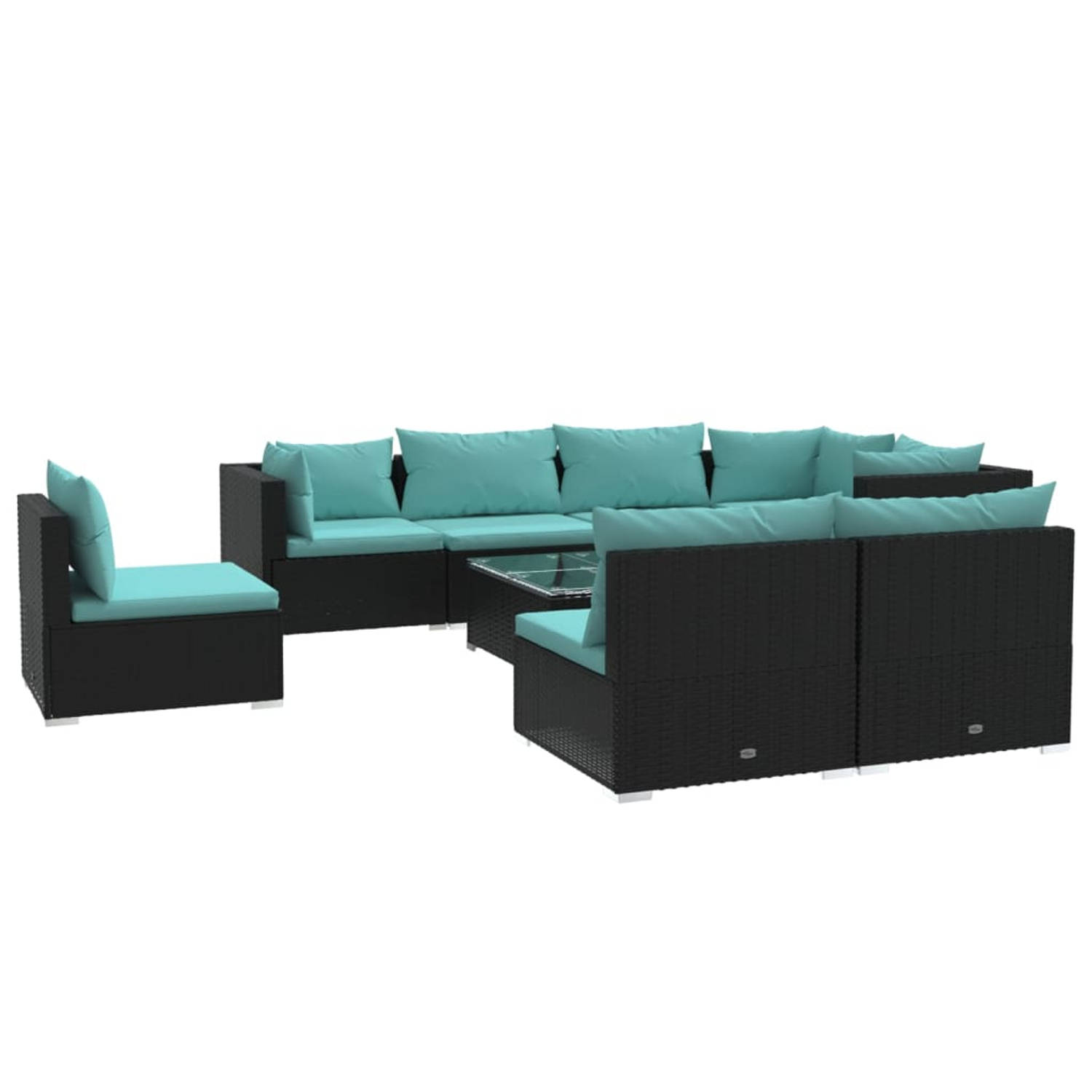 The Living Store Loungeset - Poly rattan - Zwart - 60x60x30 cm - Waterblauwe kussens - Modulair design