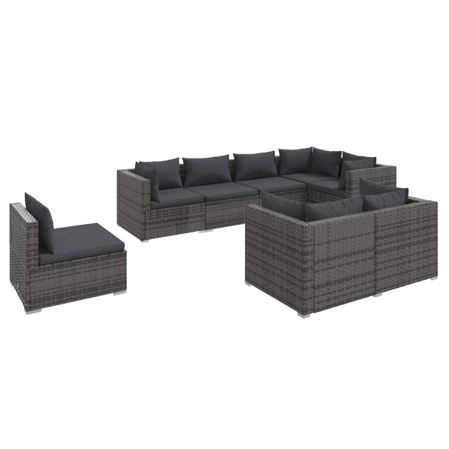 The Living Store Loungeset - Poly Rattan - Grijs - 5 Hoekbank - 3 Middenbank - 70x70x60.5cm - 63cm zitting - Comfortabele kussens - Waterbestendig