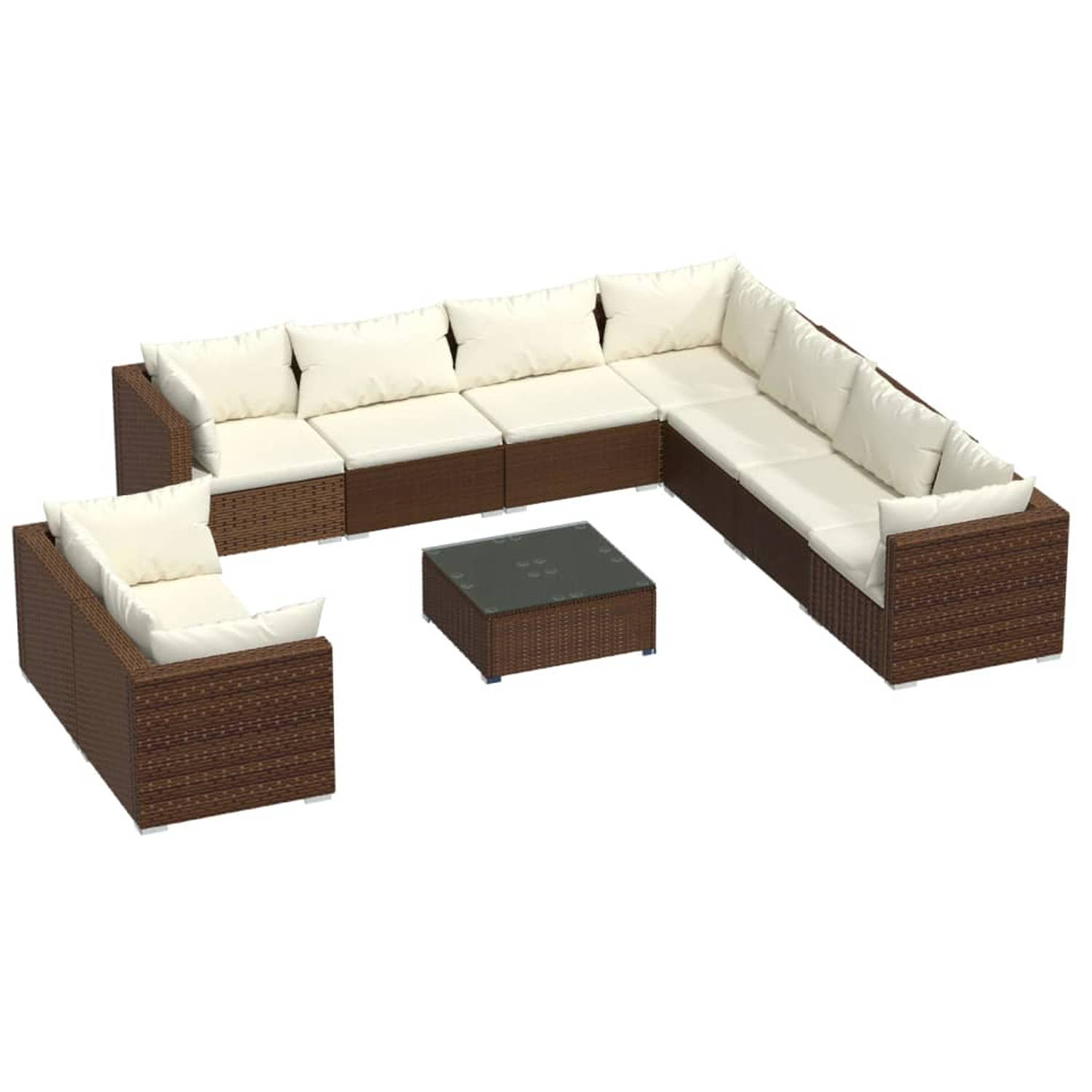 The Living Store Loungeset Bruin - Poly Rattan - Modulair Design - Waterbestendig - Inclusief Kussens