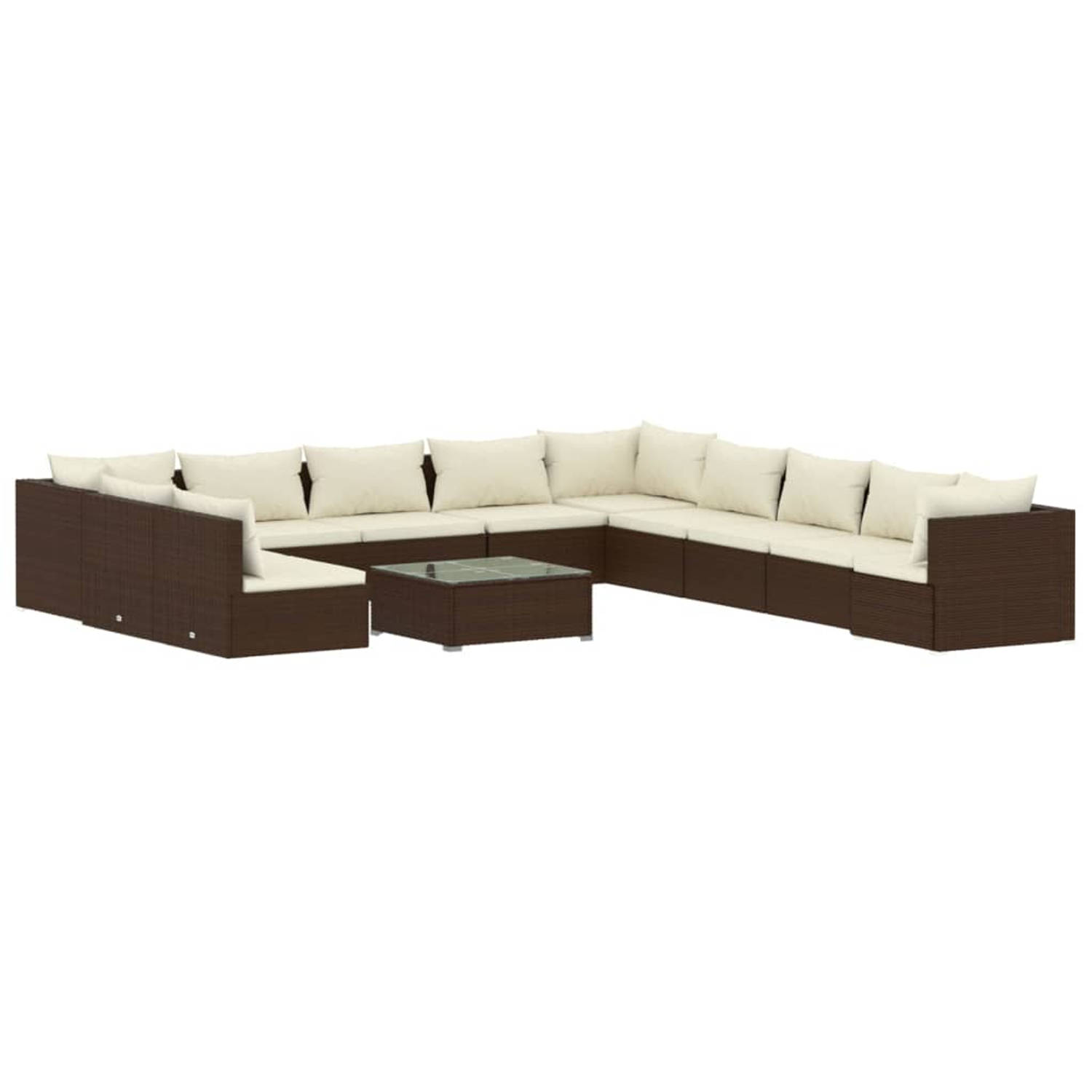 The Living Store 12-delige Loungeset met kussens poly rattan bruin - Tuinset