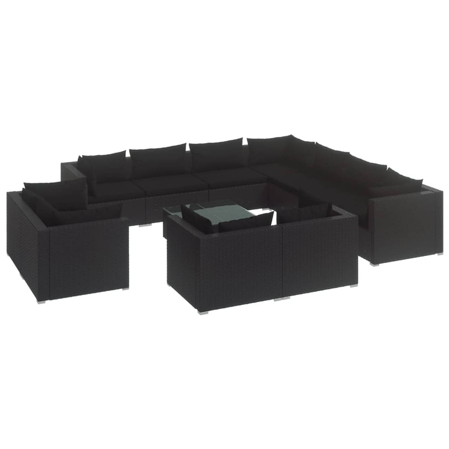 The Living Store 12-delige Loungeset met kussens poly rattan zwart - Tuinset