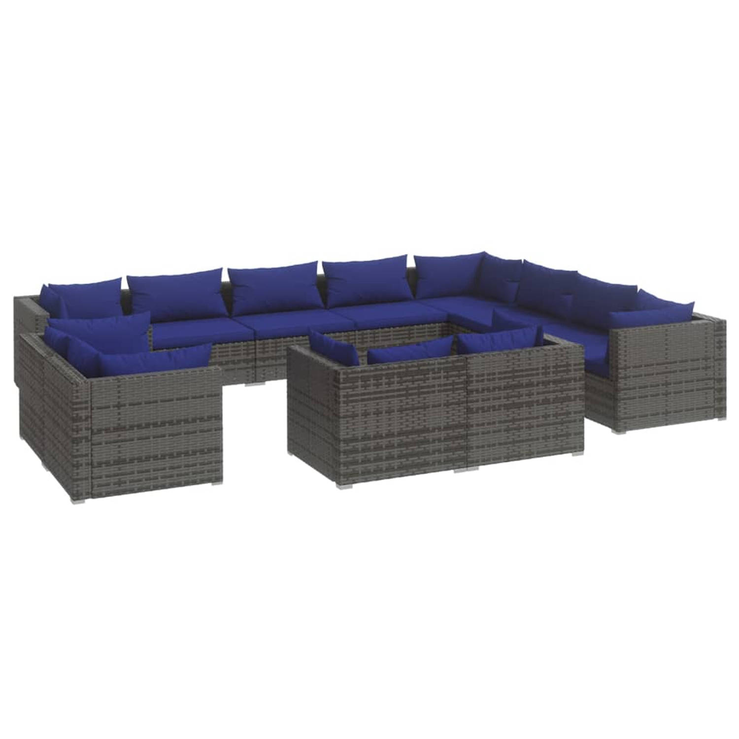 The Living Store 12-delige Loungeset met kussens poly rattan grijs - Tuinset