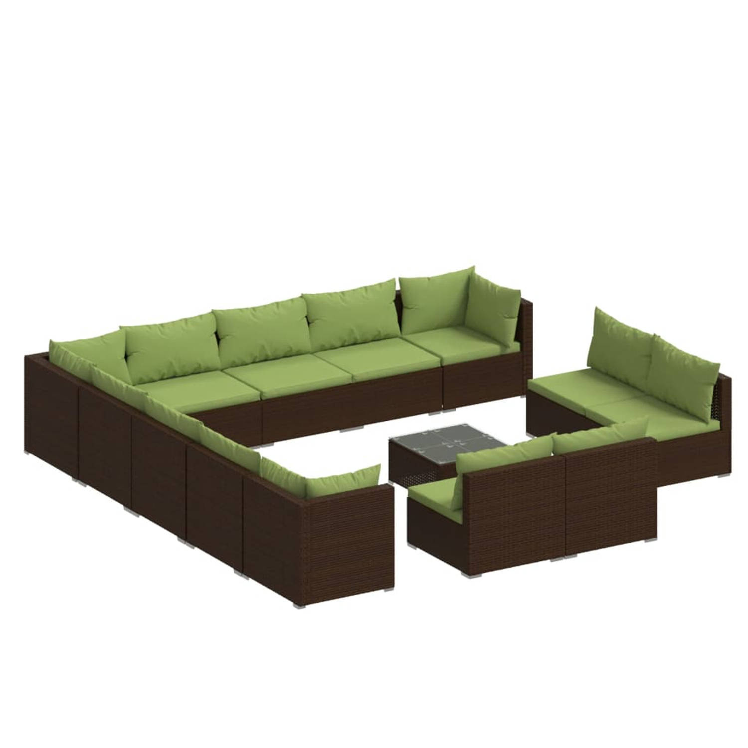 The Living Store loungeset Poly Rattan - 14 delig - Bruin - Groen - Montage vereist