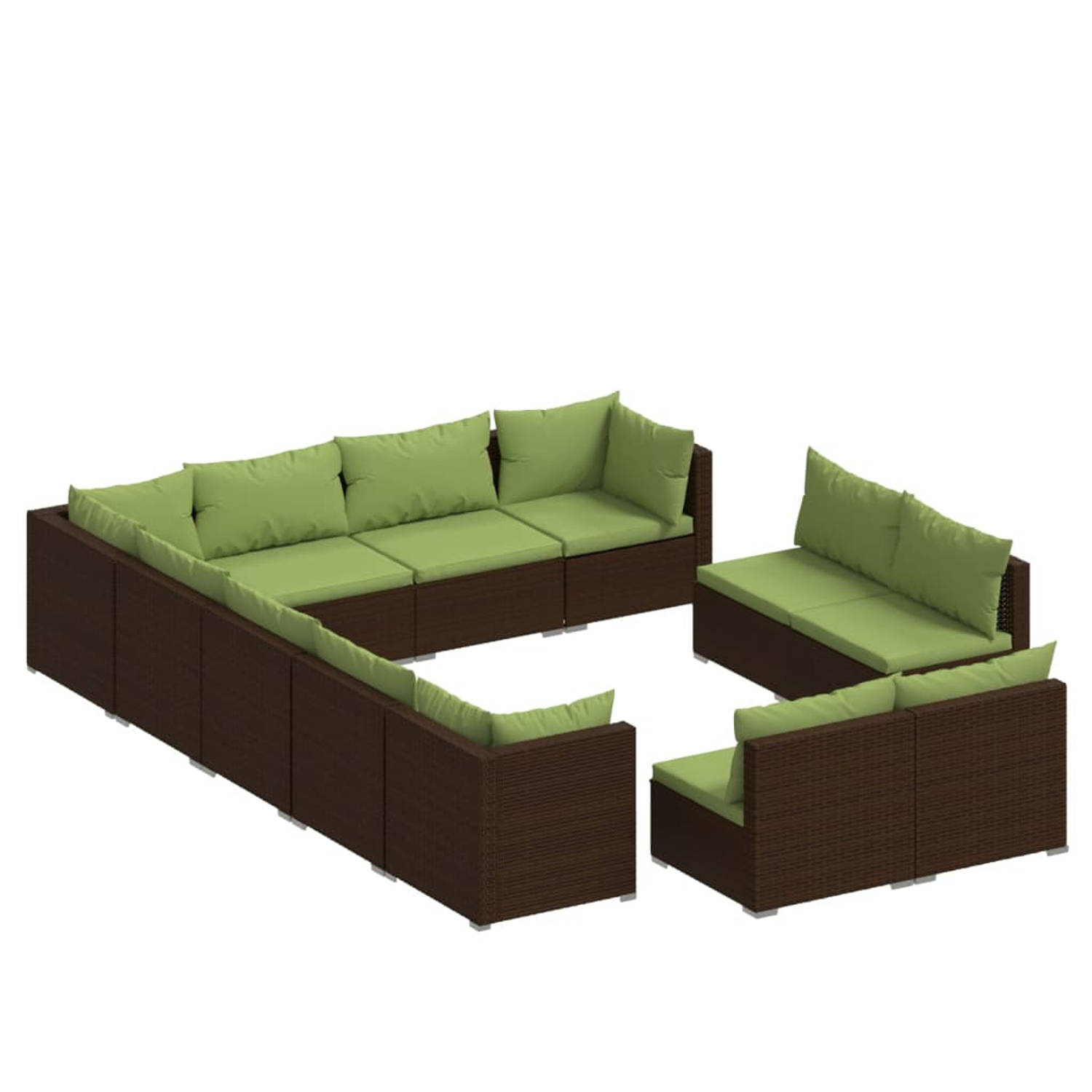 The Living Store Loungeset - Poly Rattan - 12-delig - Bruin - Groene kussens