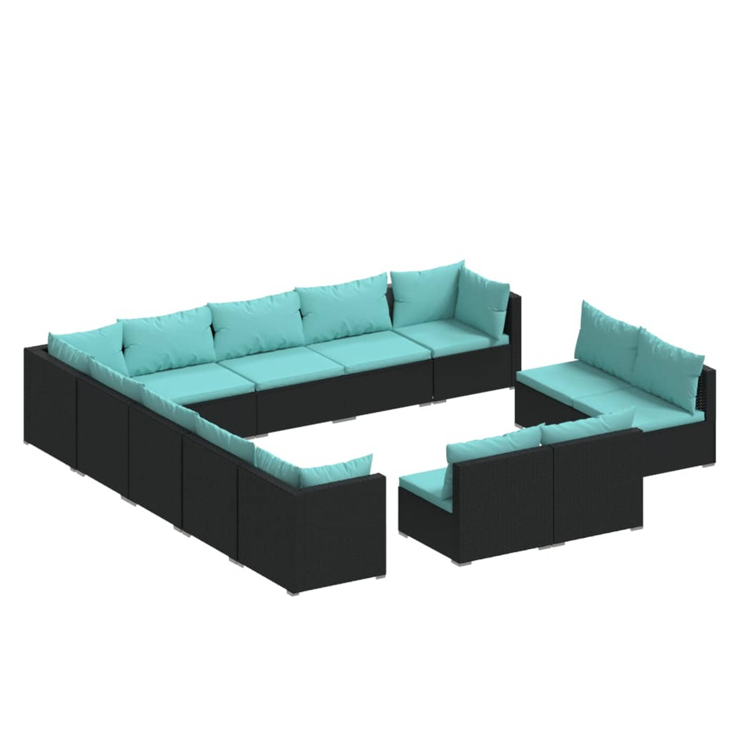 The Living Store Poly Rattan Loungeset - 13-delig - Zwart - Waterblauwe kussens