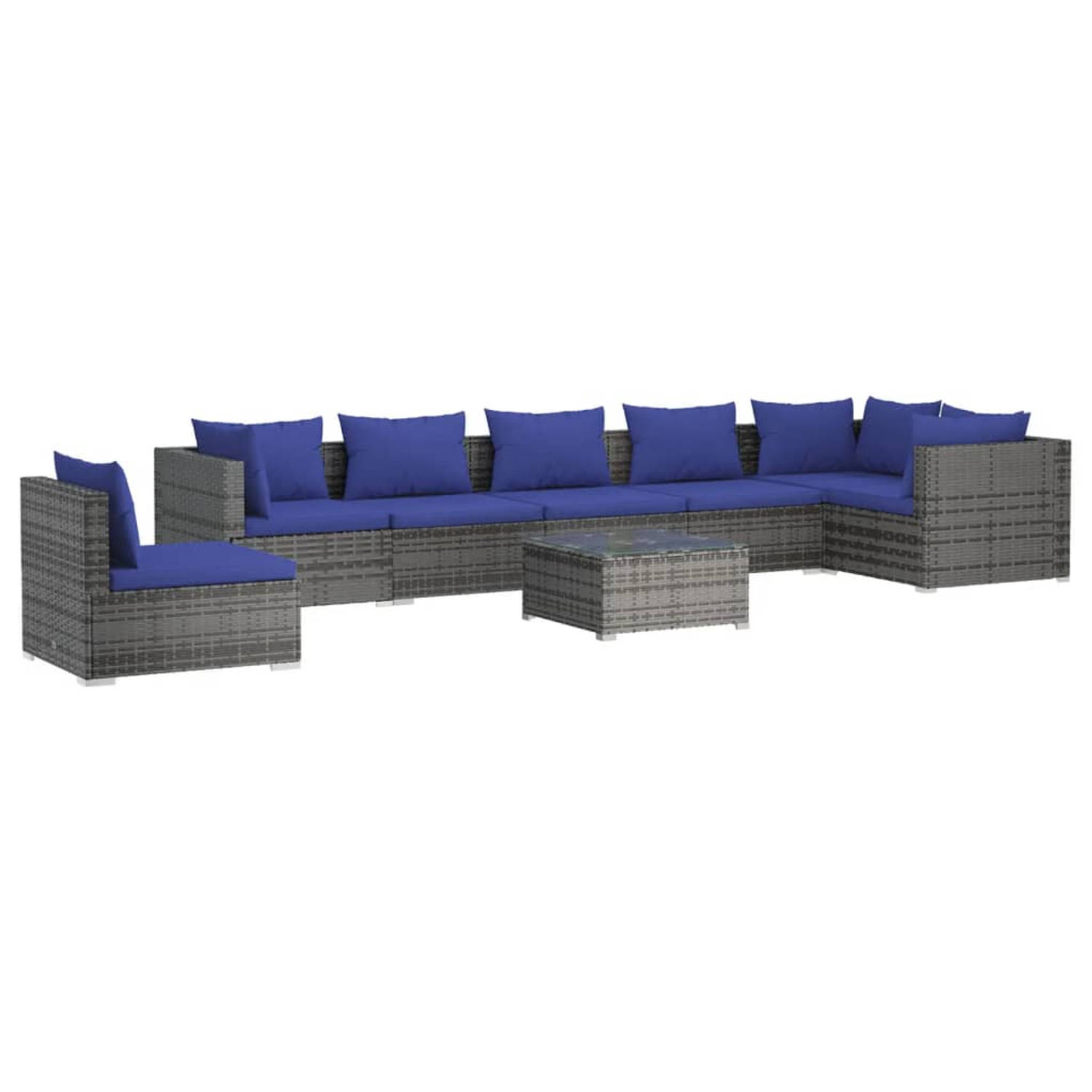 The Living Store Loungeset - Modulair - Grijs - donkerblauw - PE-rattan - Staal frame - Waterdicht - 70x70x60.5 - 60x60x30 - incl - kussens - The Living Store
