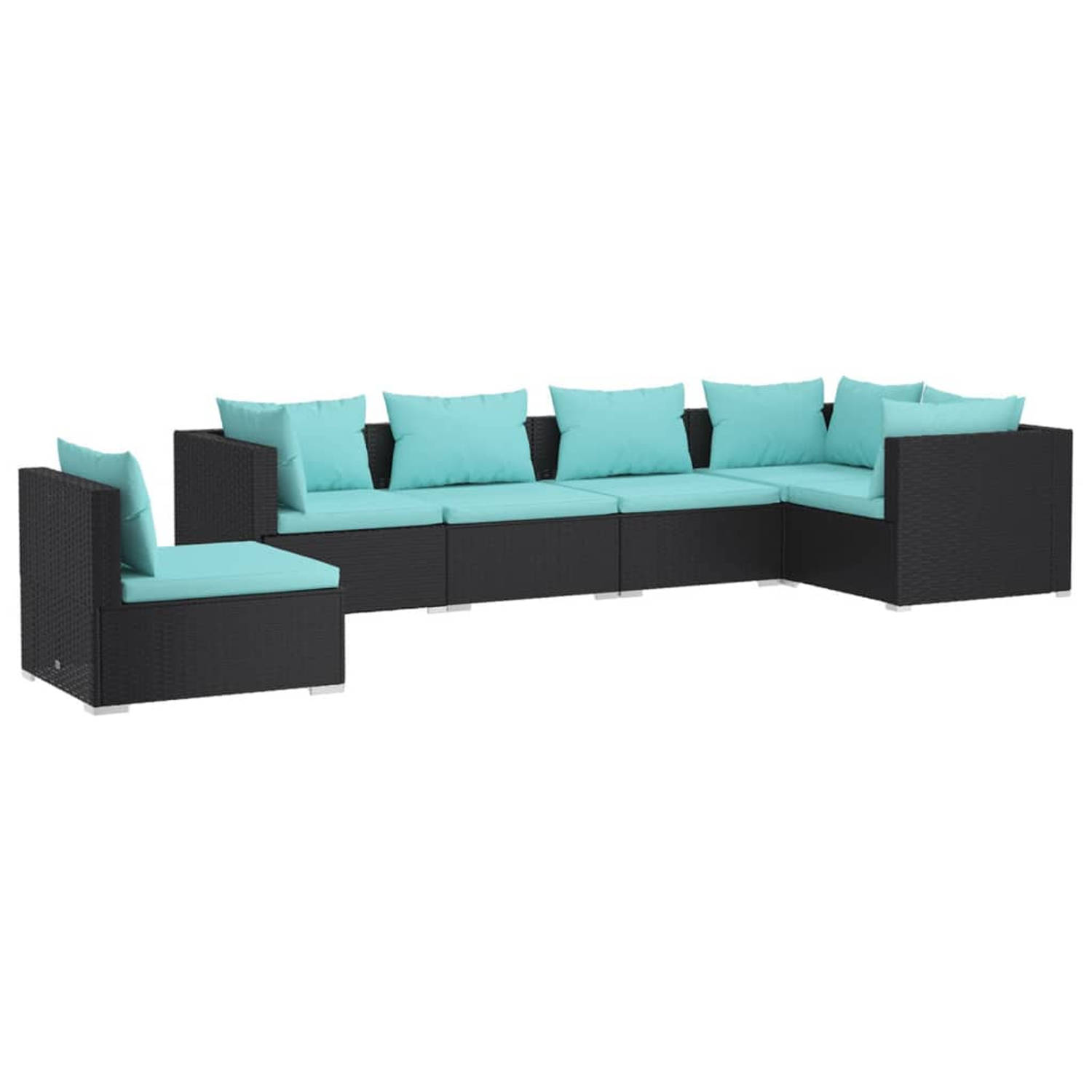 The Living Store Loungeset - Zwarte PE-rattan hoekbank en middenbank met waterblauwe kussens