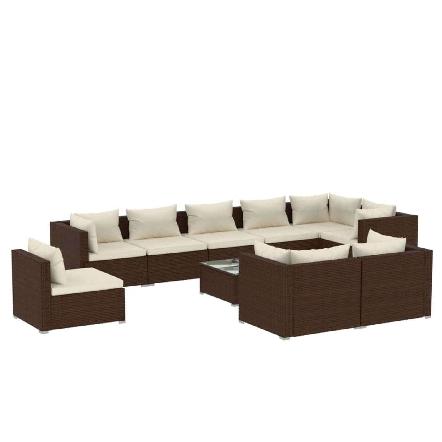 The Living Store 10-delige Loungeset met kussens poly rattan bruin - Tuinset