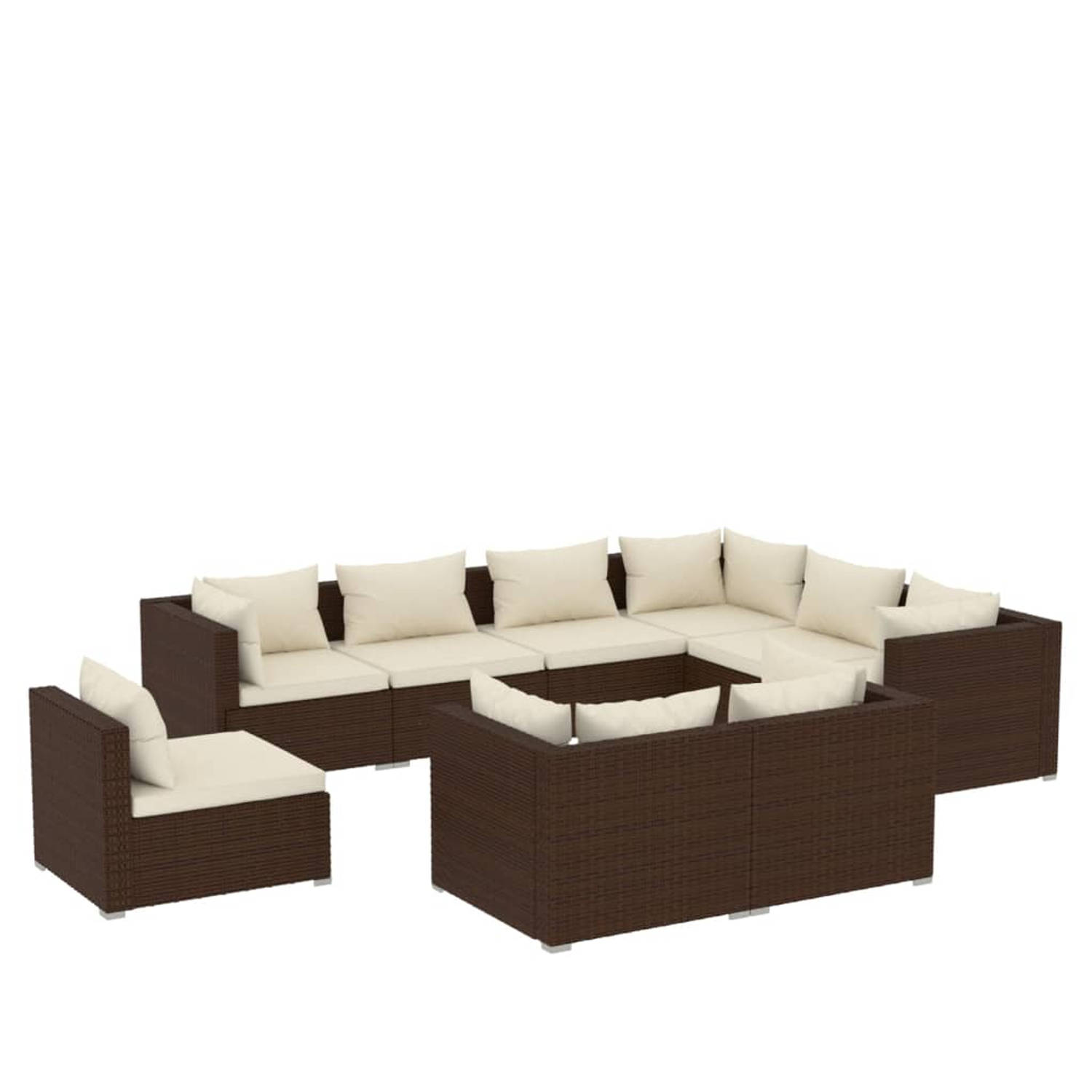 The Living Store Loungeset Poly Rattan - Bruin - Modulair Design - Inclusief Kussens - 5 Hoekbanken - 4 Middenbanken - 9 Zitkussens - 14 Rugkussens