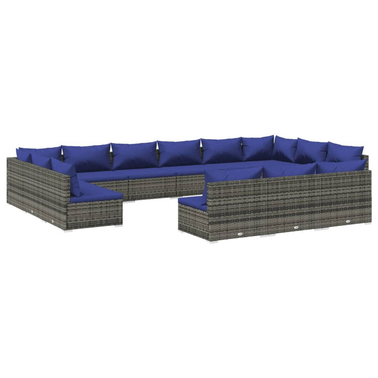 The Living Store 13-delige Loungeset met kussens poly rattan grijs - Tuinset