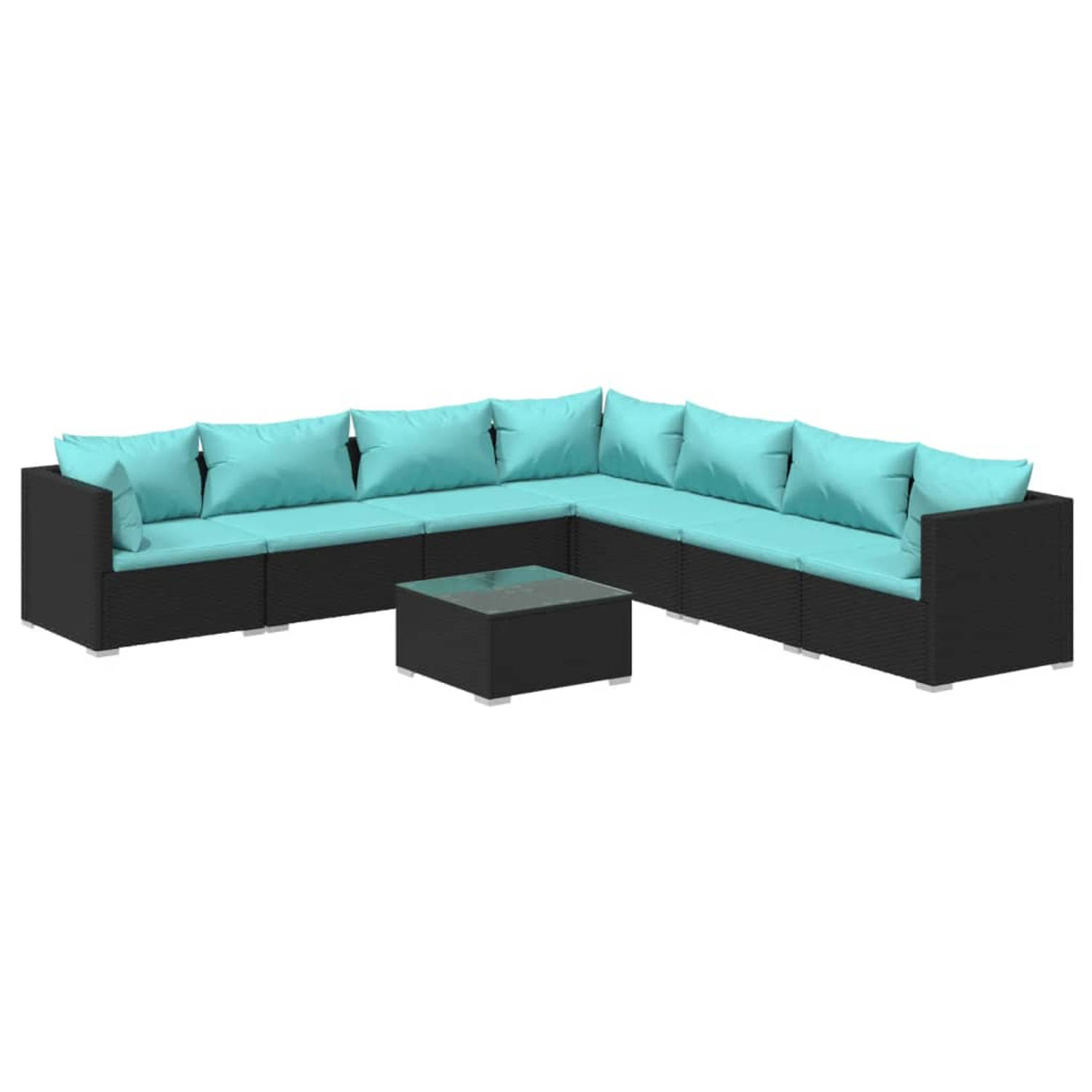 The Living Store Loungeset Zwart - PE-rattan - Waterblauwe kussens