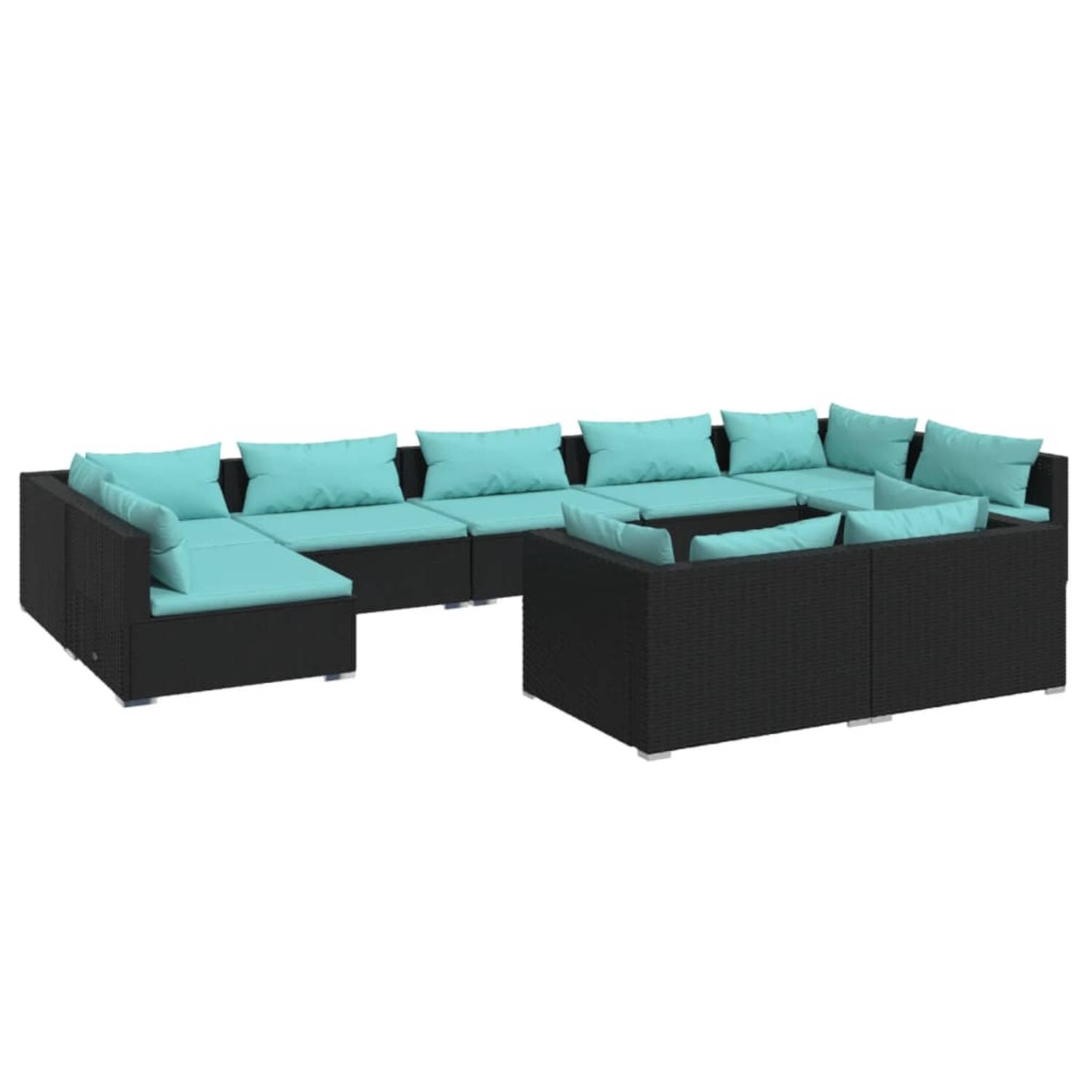 The Living Store Loungeset - PE-rattan - modulair design - zwart - waterblauwe kussens