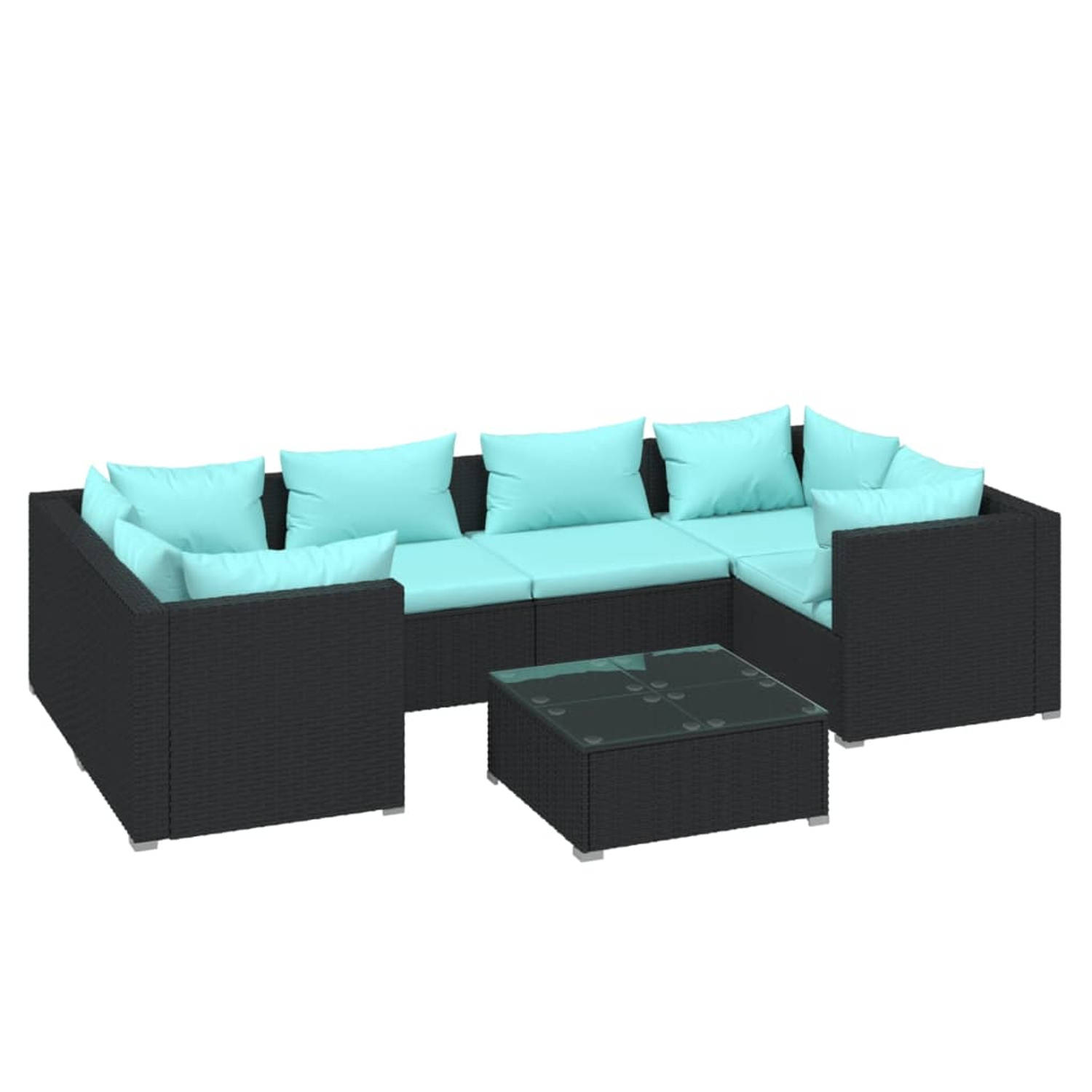 The Living Store Tuinset - Poly rattan - Modulair design - Waterbestendig - Stalen frame - Comfortabele kussens - Zwart - Waterblauw