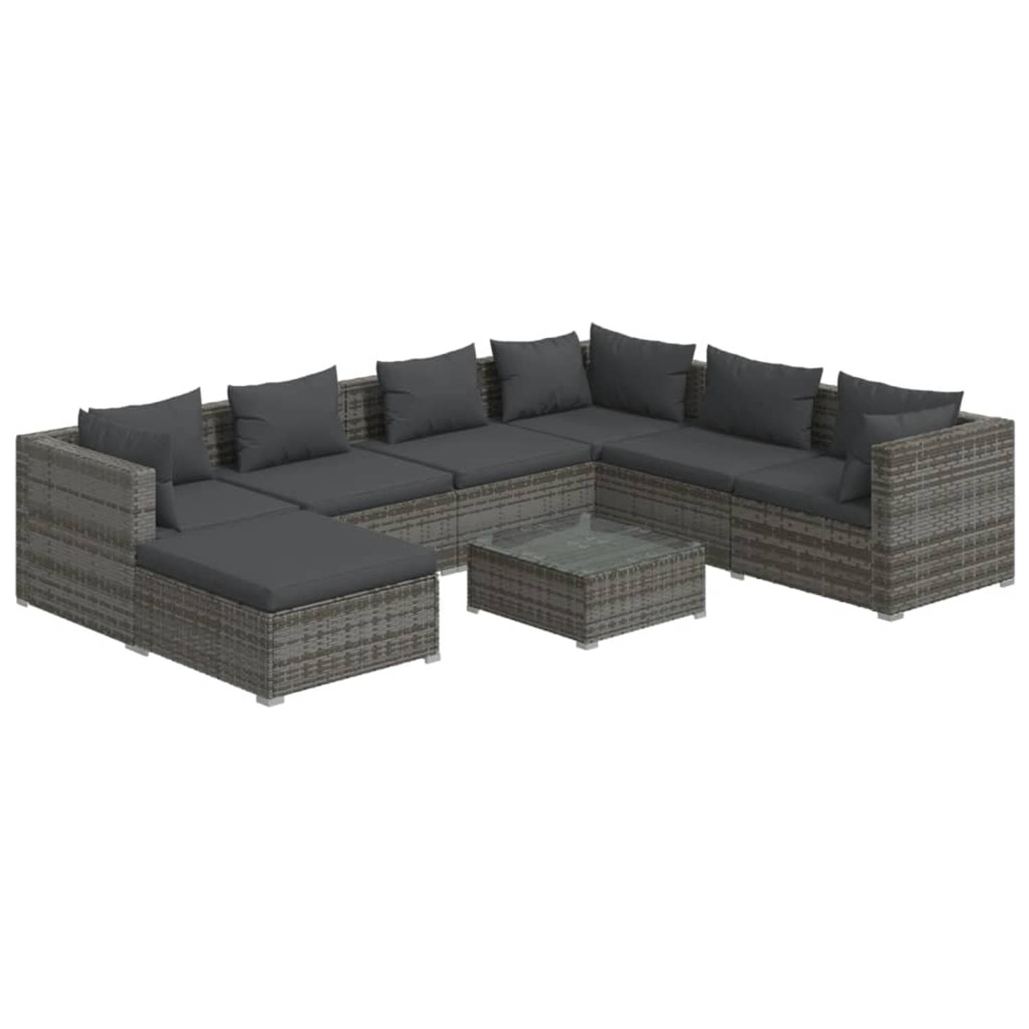 The Living Store 8-delige Loungeset met kussens poly rattan grijs - Tuinset