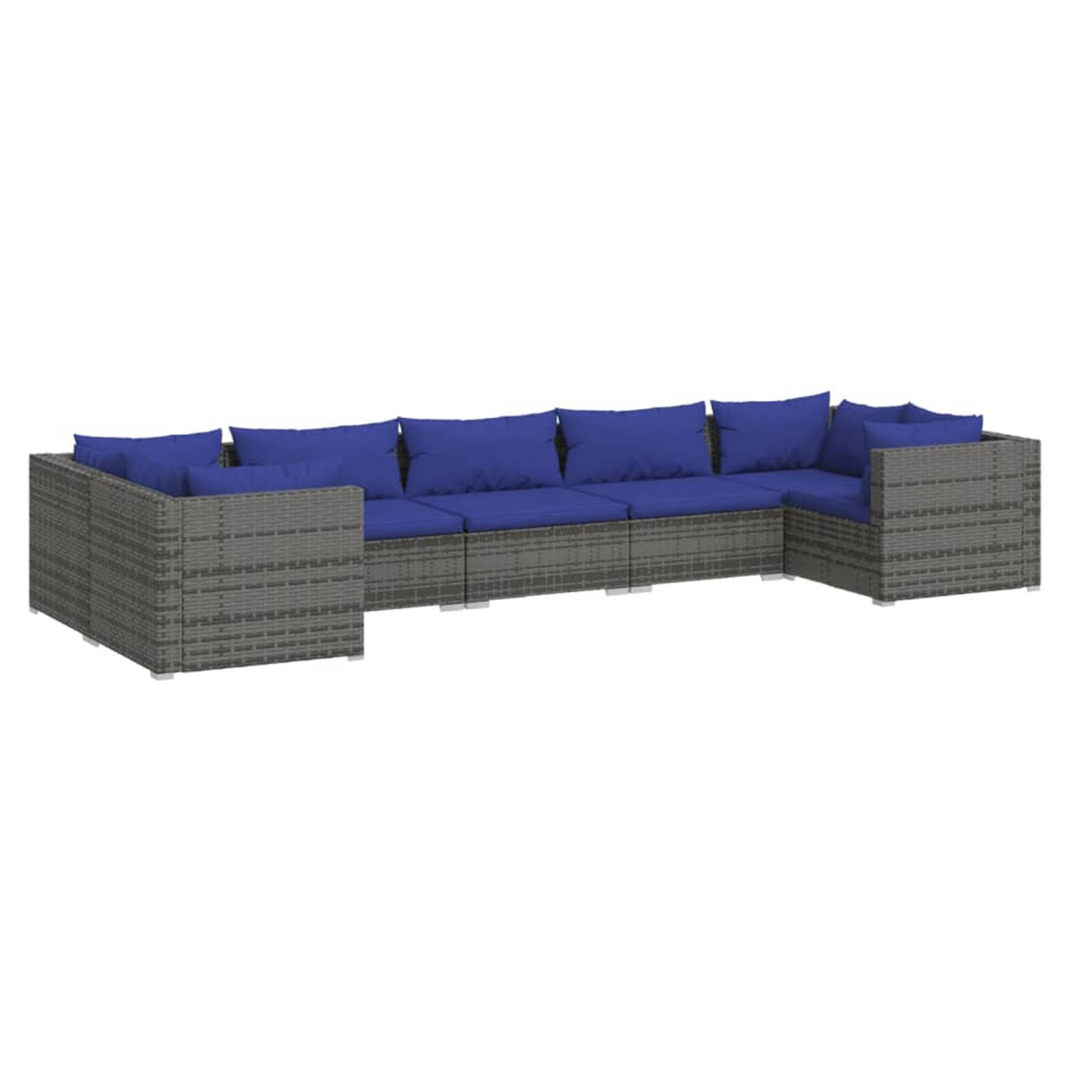 The Living Store 7-delige Loungeset met kussens poly rattan grijs - Tuinset