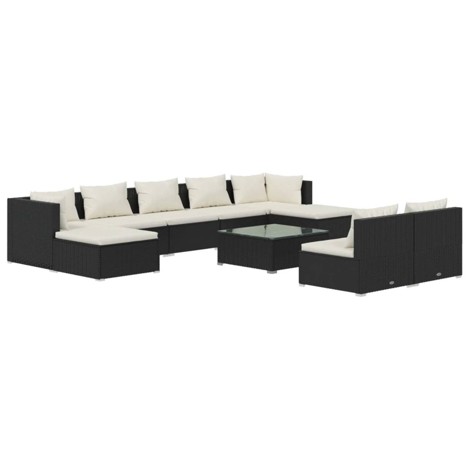 The Living Store Loungeset Zwart - 5 middenbanken - 2 hoekbanken - 2 voetenbanken - tafel - Modulair design - Waterbestendig PE-rattan - Comforthoogte - Stevig stalen frame