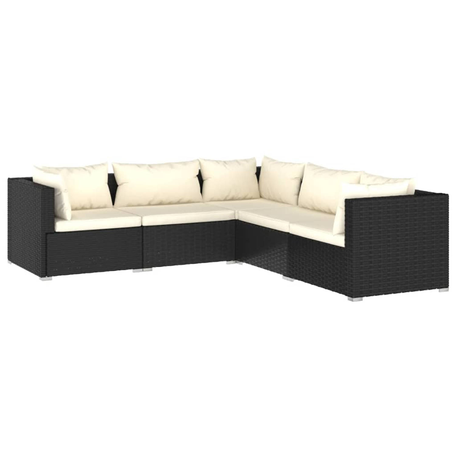 The Living Store 5-delige Loungeset met kussens poly rattan zwart - Tuinset