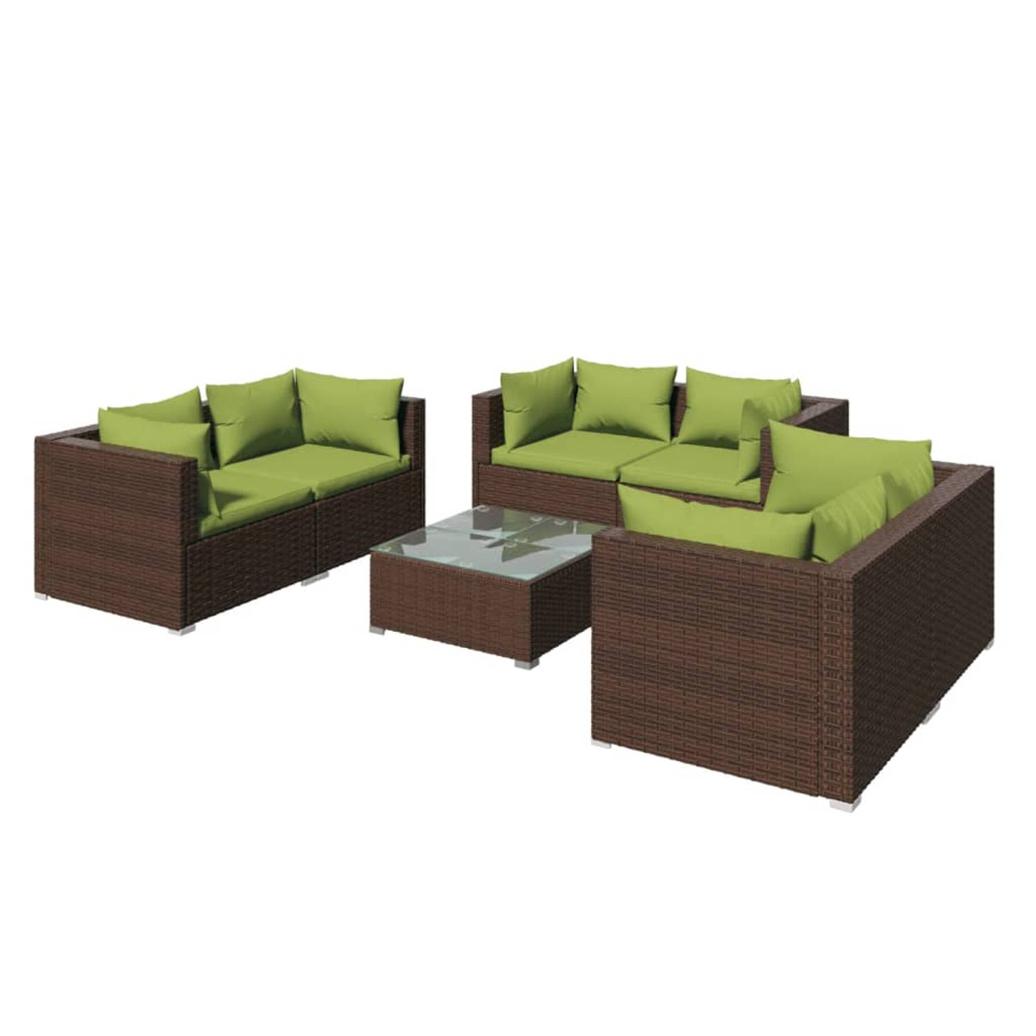 The Living Store Loungeset - Bruin PE-rattan - Inclusief 6 hoekbanken - 1 tafel - 6 zitkussens - 12 rugkussens