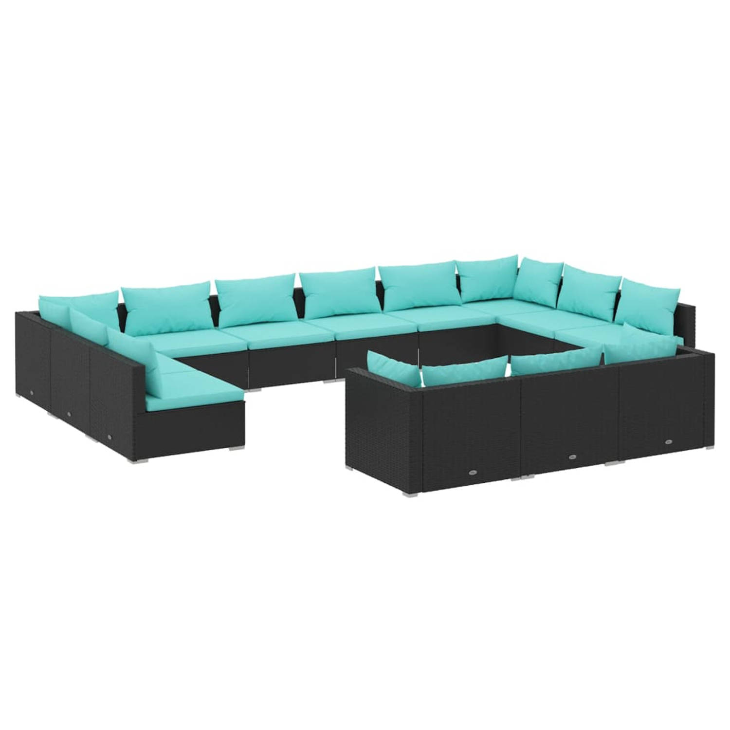 The Living Store Loungeset - PE-rattan - Modulair design - Waterblauwe kussens - Zwart - 9x middenbank - 4x hoekbank