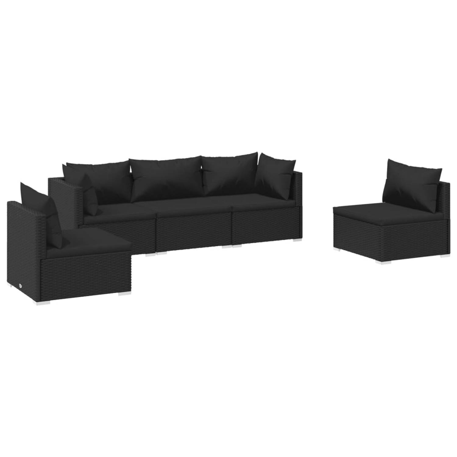 The Living Store Loungeset - PE-rattan - Zwart - 3x Middenbank - 2x Hoekbank - Modulair design