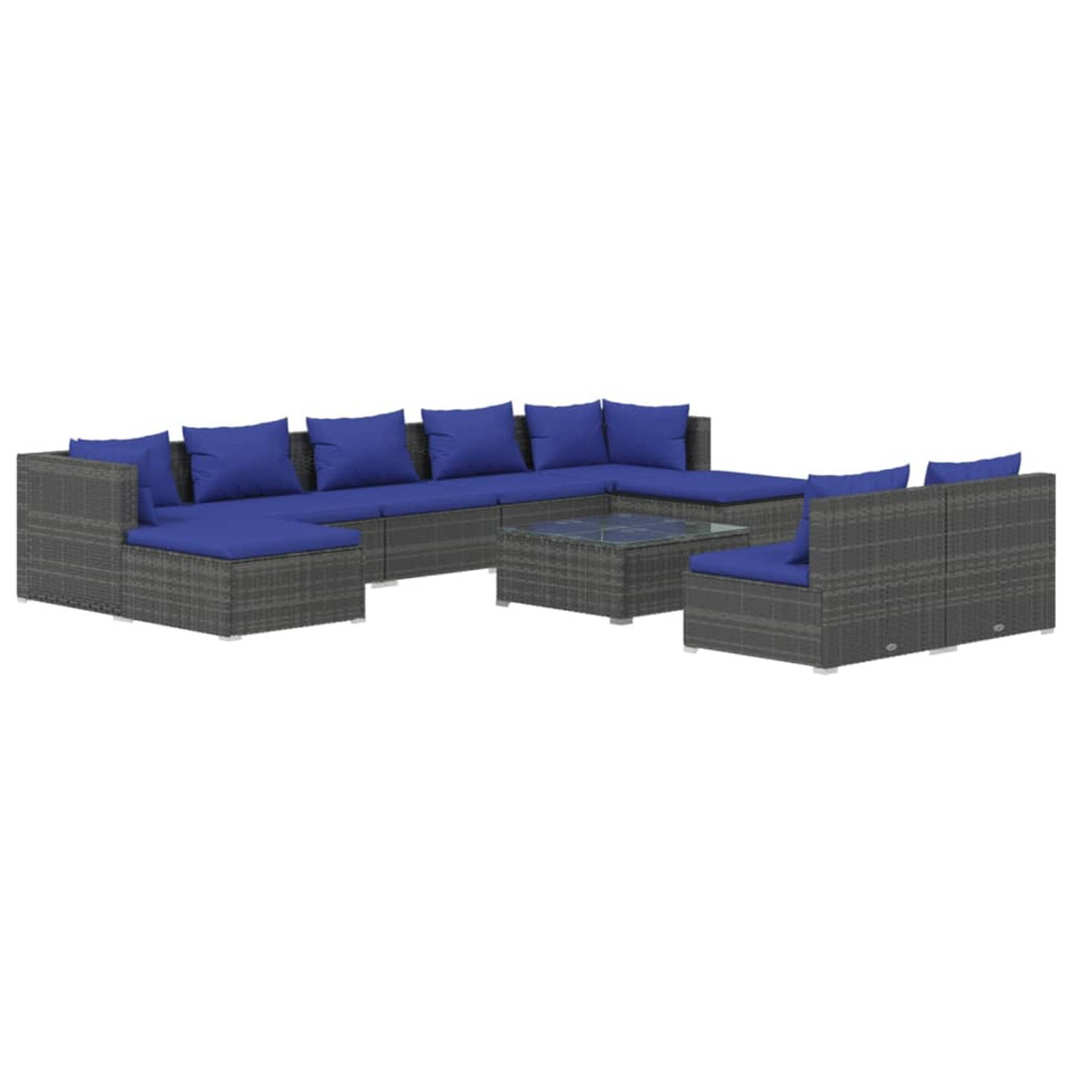 The Living Store 10-delige Loungeset met kussens poly rattan grijs - Tuinset